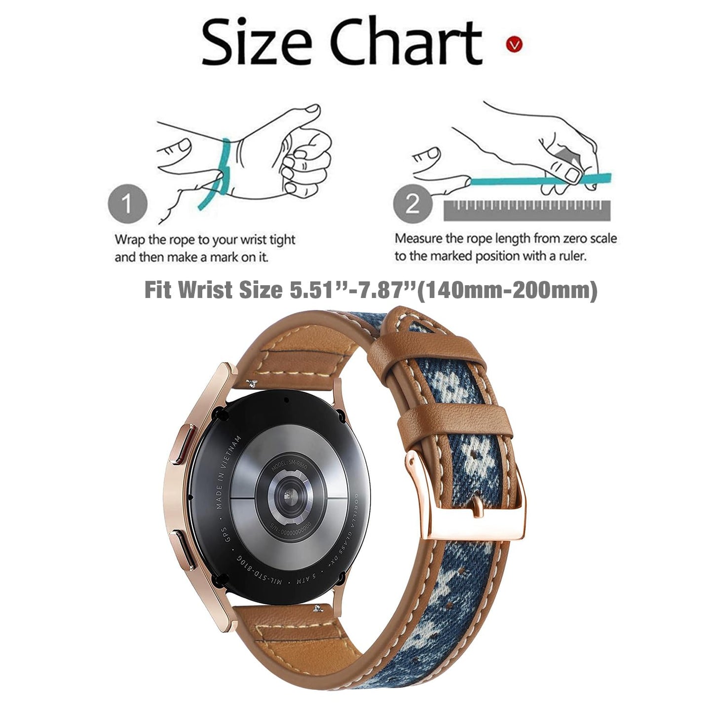 Abanen Denim Leather Watch Band for Samsung Galaxy Watch 4 / Galaxy Watch 5, 20mm Canvas Fabric Strap with Soft PU Leather Lining Wristband for Galaxy Watch 4 Classic 42mm / 46mm (Brown-Blue)