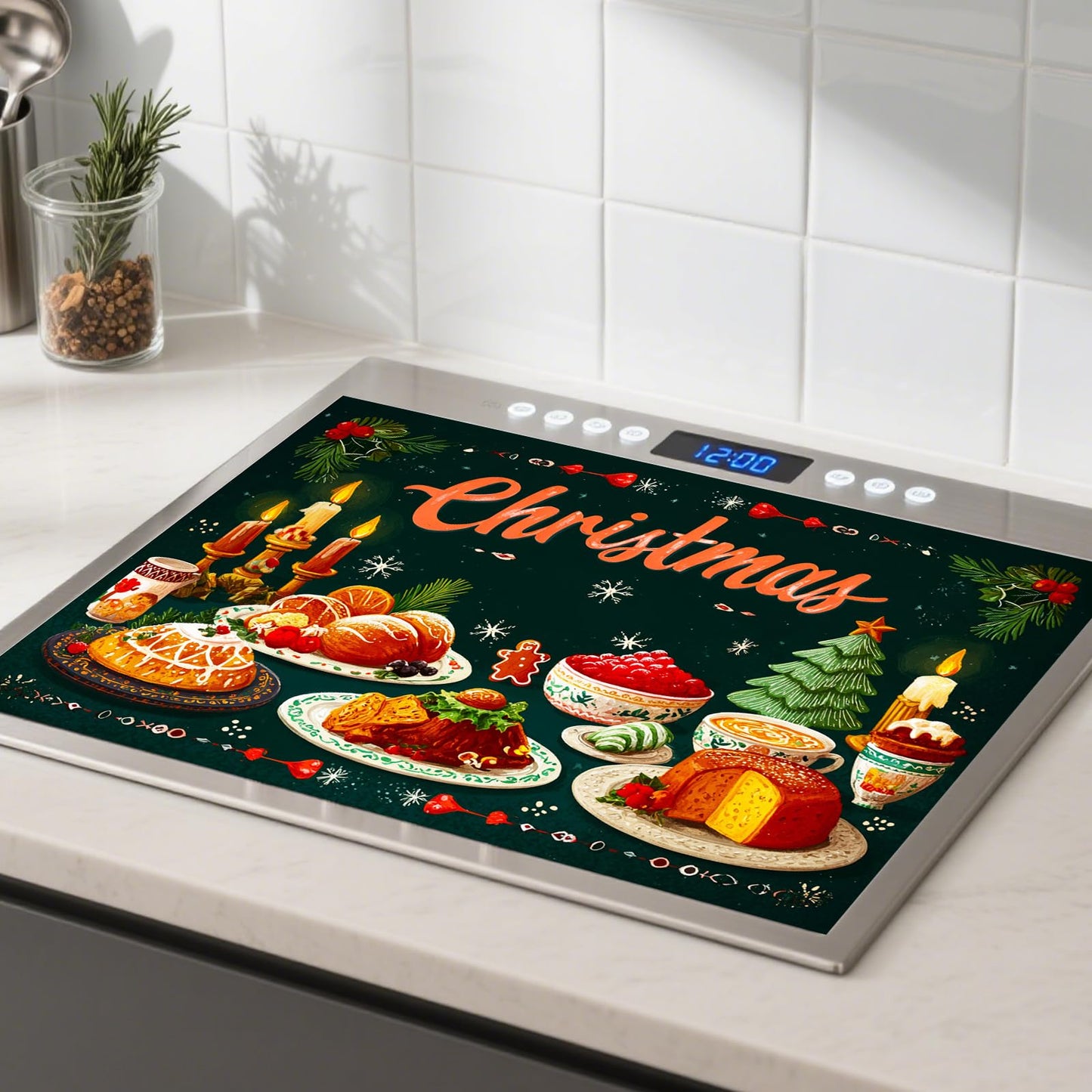 Nuxovilar Christmas Stove Top Cover 28.35×20.47 Inch – Christmas Feast Illustration for Holiday Kitchen Decor – Festive Stove Burner Cover, Polyester & Diatom Mud Blend