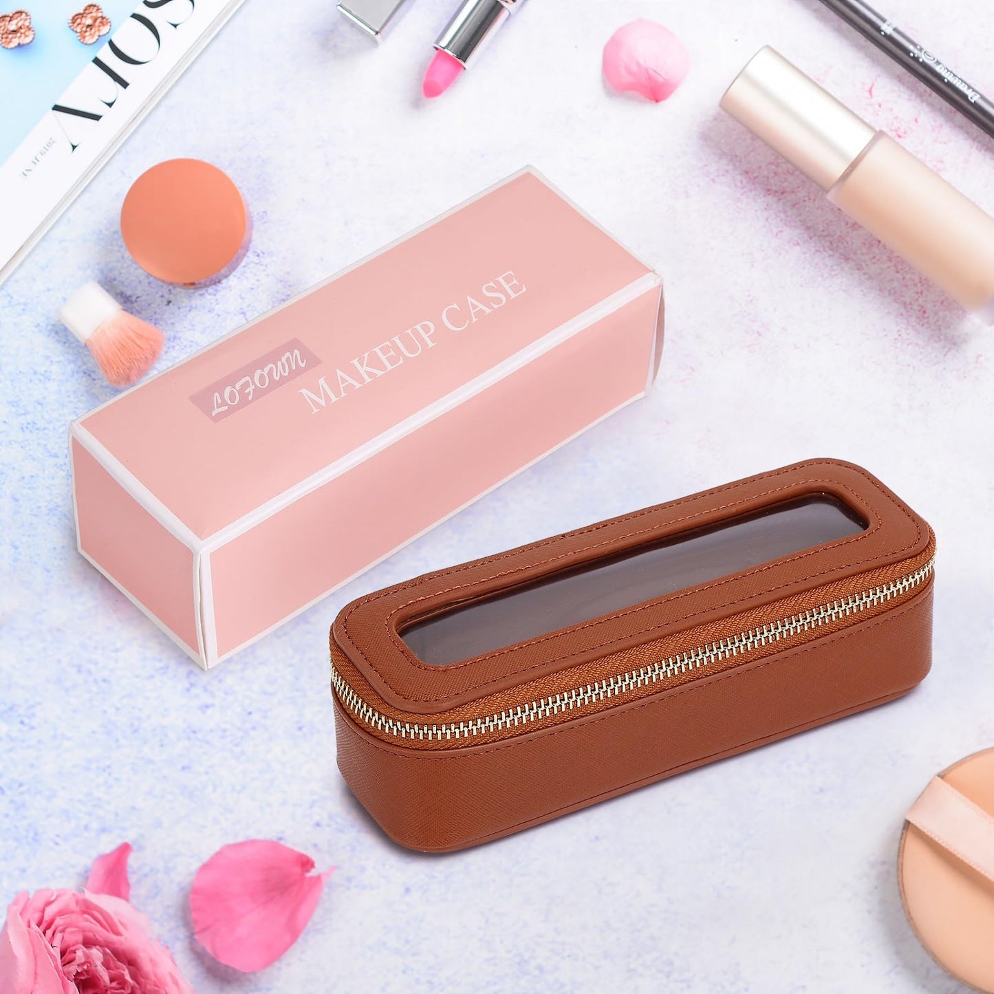 LOFOWN Makeup Brush Bag Slim Clear Makeup Bag Travel Cosmetic Case and Brush Holder Waterproof Toiletry Makeup Bag with Zipper Purse Organizer for Women (Brown, Slim)