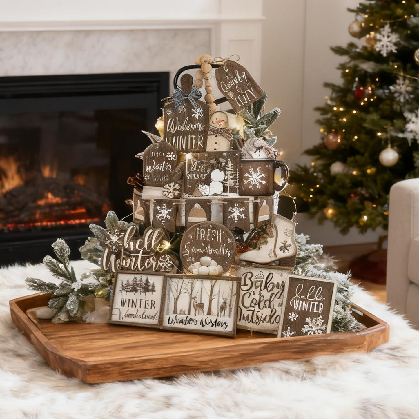 Shellwei 23 Pcs Winter Tiered Tray Decor Set Wood Rustic Hello Winter Snowman Snowflake Decoration Christmas Farmhouse Decor Xmas Signs for Christmas Decorative Trays Table Shelf Home Centerpiece