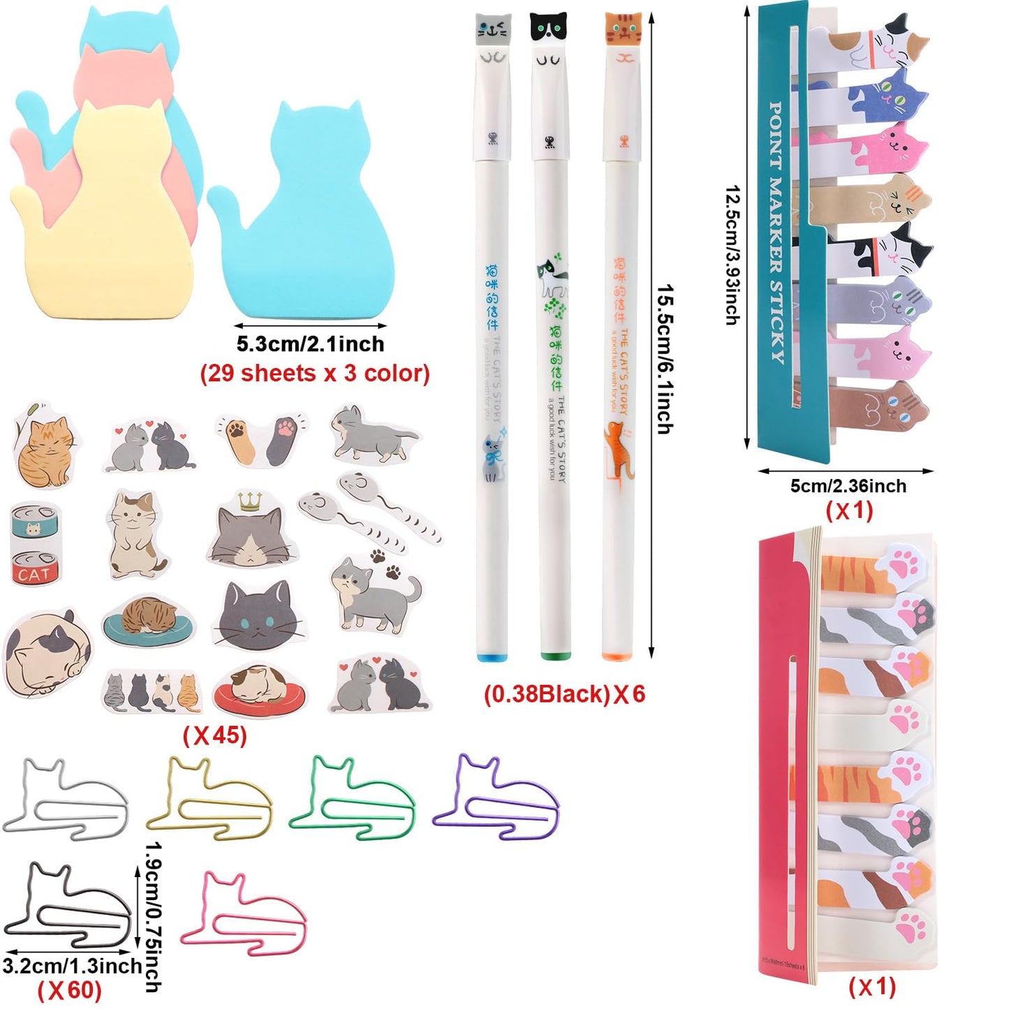 Outus Cat Office Supplies Cute Sticky Notes Paper Clips Gel Ink Pens Cartoon Stickers Party Favor for Cat Lovers Office Supplies(Cute Style)