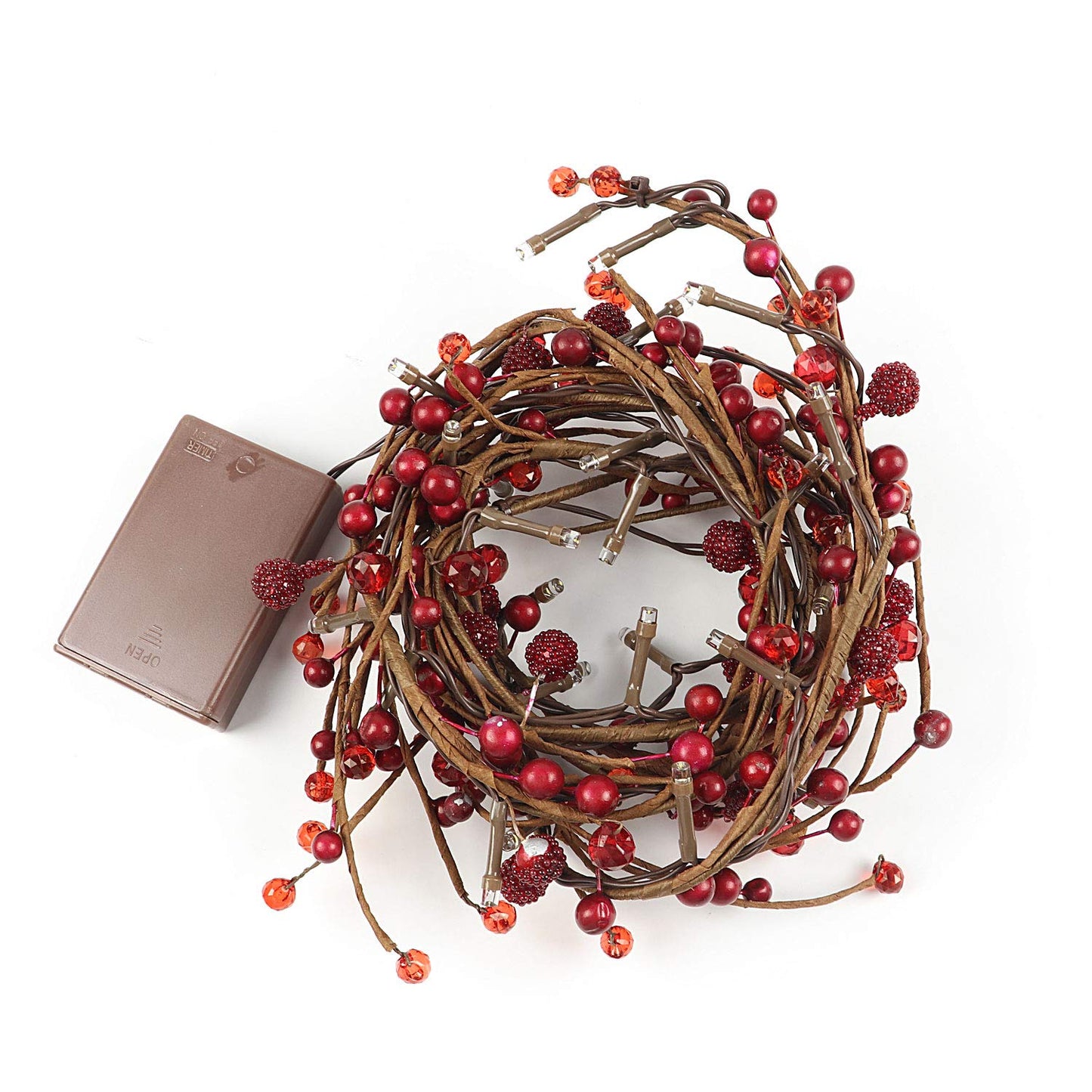 Rhytsing Red Berry Branch Pre-lit Garland with 30LED Lights, Battery Operated Fairy String Lights with Timer Function for Christmas Mantle Decoration Indoor Use - 5.9FT