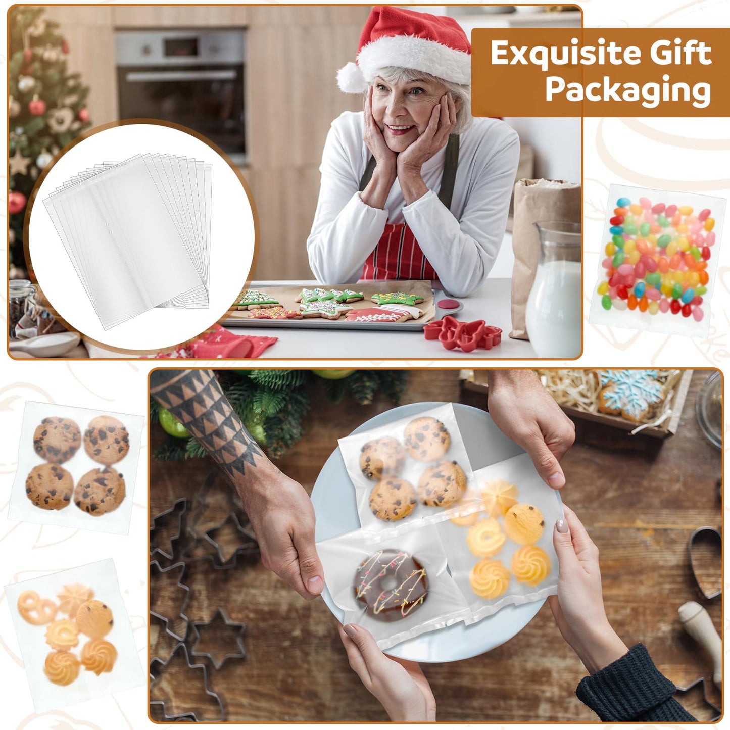 Yexiya 200 Pcs 4" x 6" Matte Frosted Heat Seal Cookie Bags Cellophane Cookie Bags Flat Edge for Treat Chocolate Candy Dessert Snack Packs 4th of July Back to School Wedding Birthday Party Gift Giving