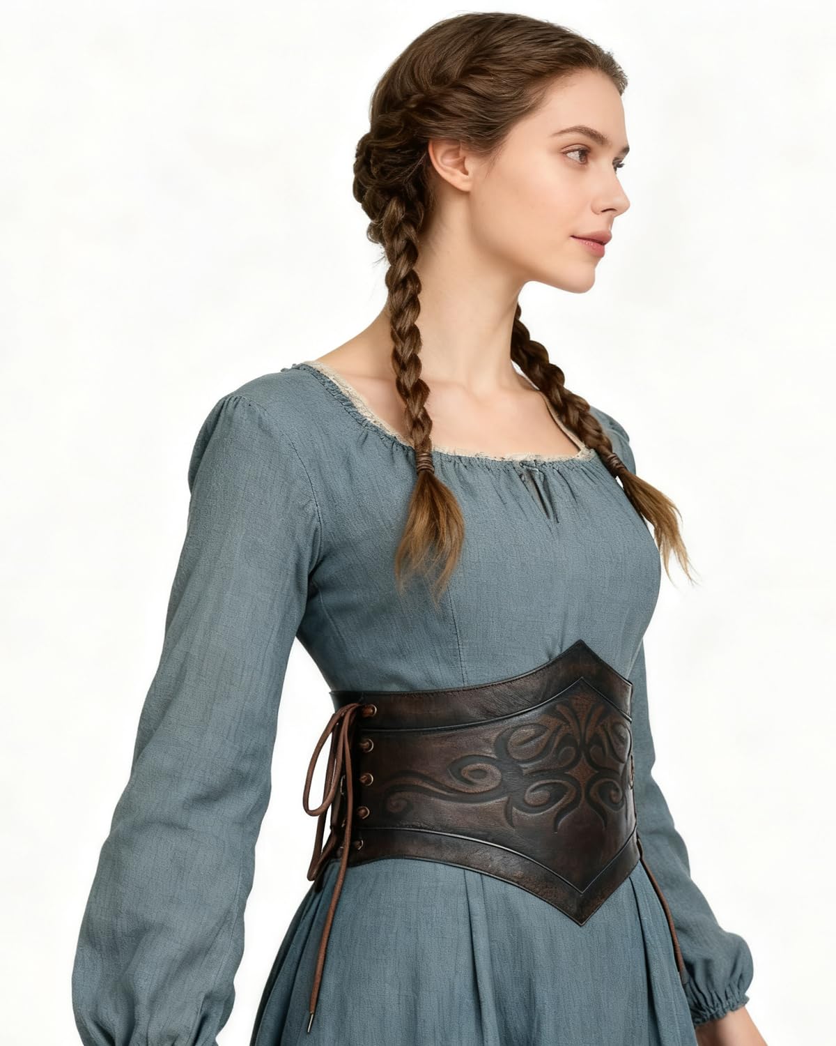 L'VOW Women Renaissance Brown Leather Corset Belt Medieval Viking Cinch Belt LARP Halloween(XXL)