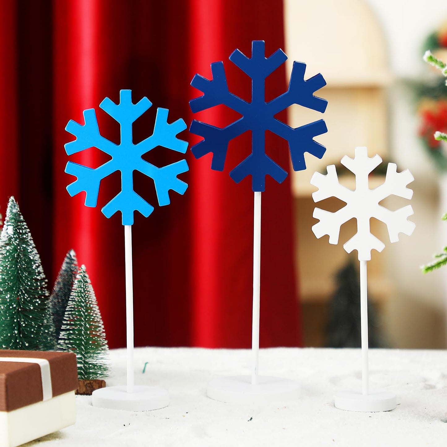 Spiareal 3 Pcs Standing Wooden Snowflakes Block Tabletop Decor Wood Snowflake Centerpiece Ornaments Rustic Home Decor for Winter(Dark Blue, Light Blue, White)