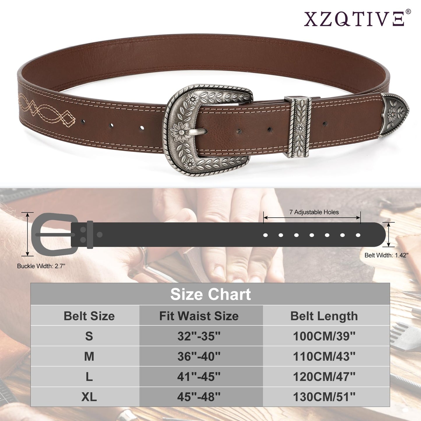 XZQTIVE Women Men Genuine Leather Belt Vintage Ladies Western Belt Engraved Tooled Leather Belt Cowboy Cowgirl Country Belt