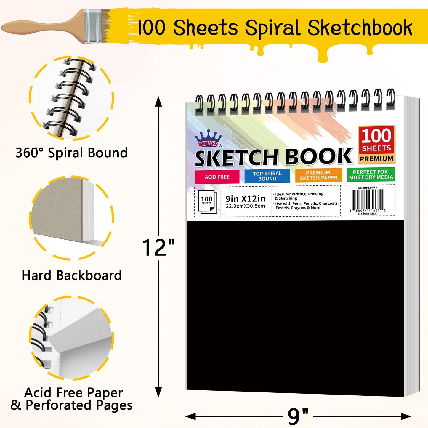WINNER 9" x 12" Sketch Book 4 Pack, 400 Sheets Spiral Bound Art Sketchbook, 68lb/100gsm White Acid Free Drawing Pad, Sketching Drawing Writing Sketch Pad, Art Supplies for School, Kids, Adults &Teens