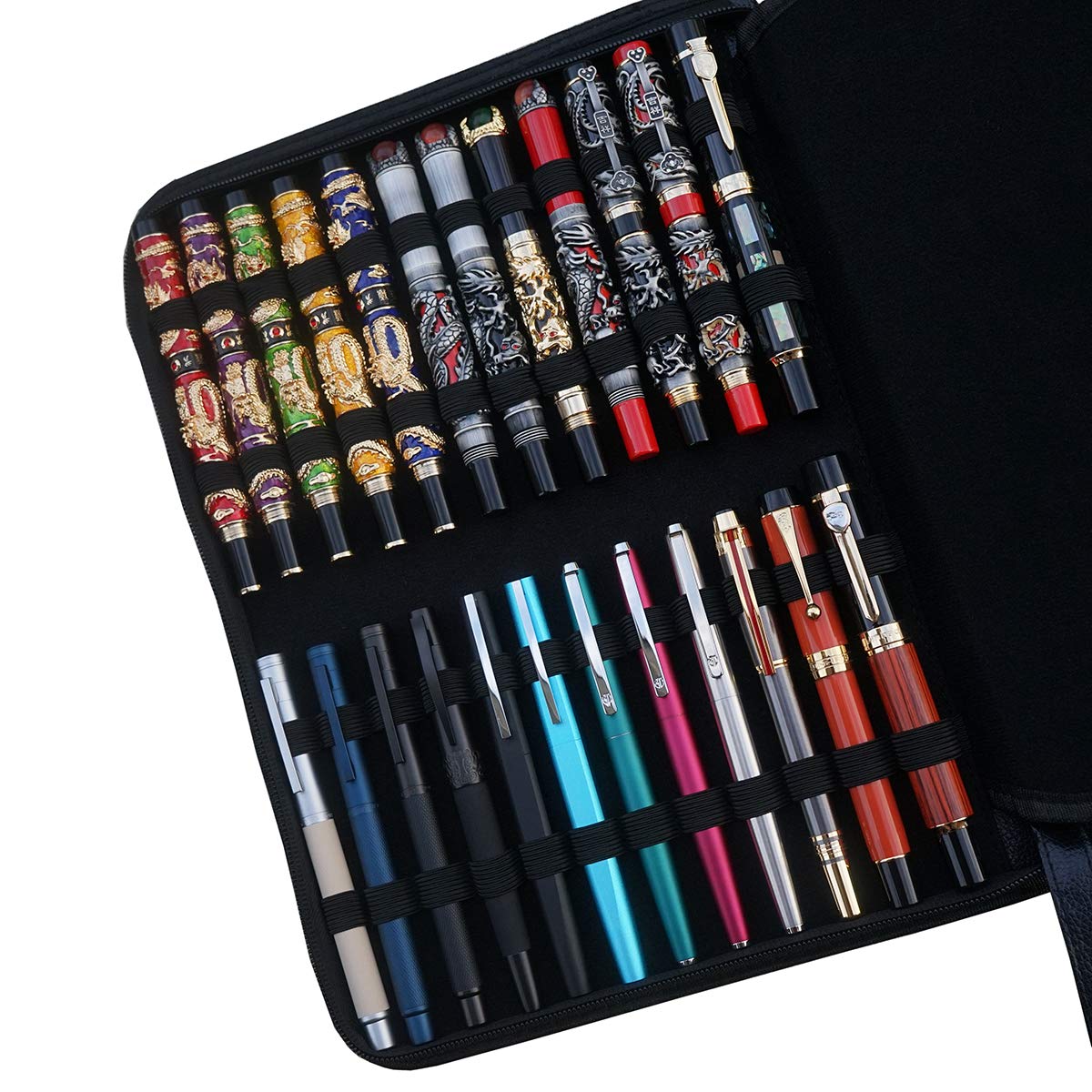 Large Capacity Fountain Pen Case PU Leather Black Color 48 Slots pen pouch bag