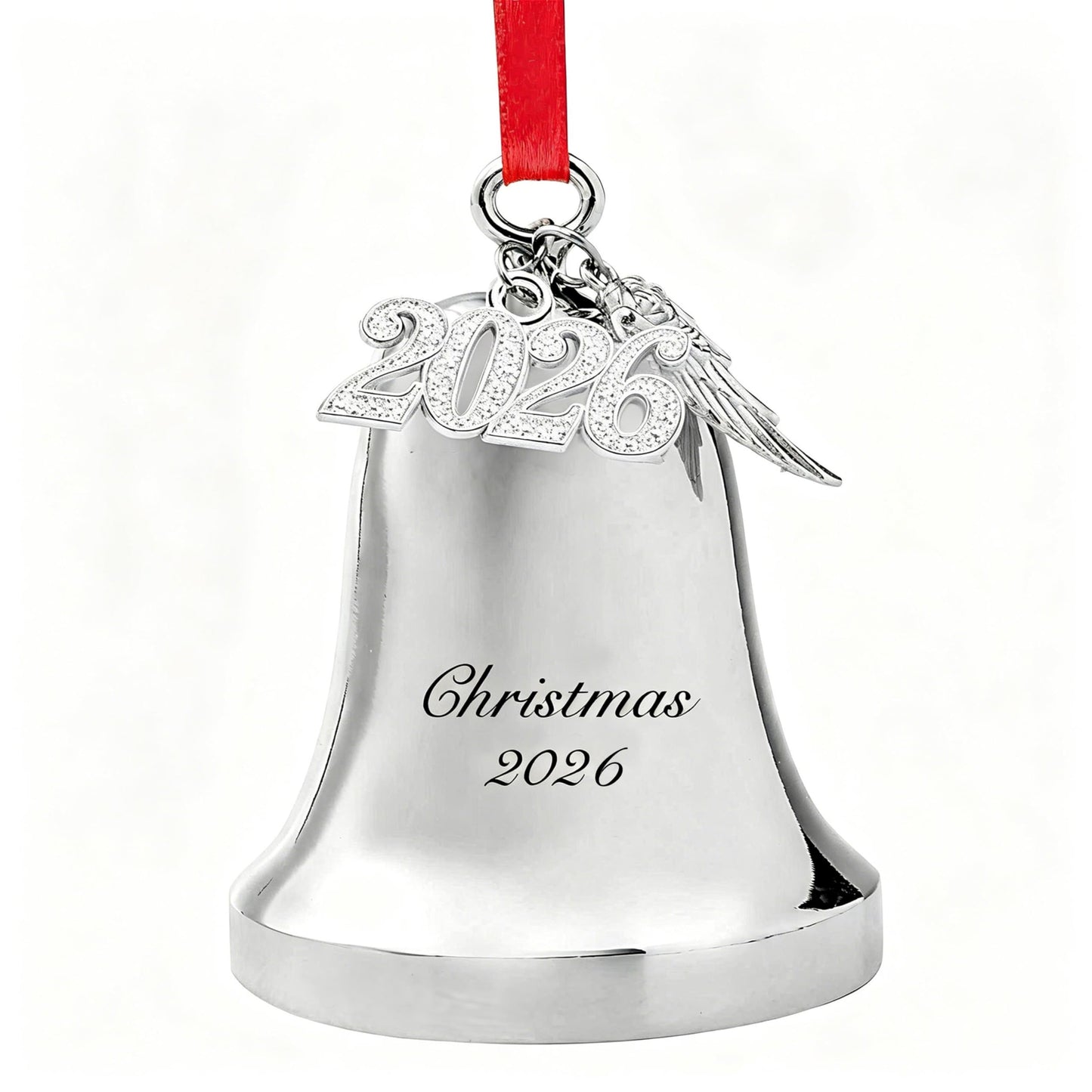 Personalized Silver Christmas Bell Ornament 2026 – Engraved Holiday Bell with Red Ribbon & Angel Wing Charm, Christmas Tree Decoration Gift for Family, Friends, New Home Holiday Keepsake (2026)