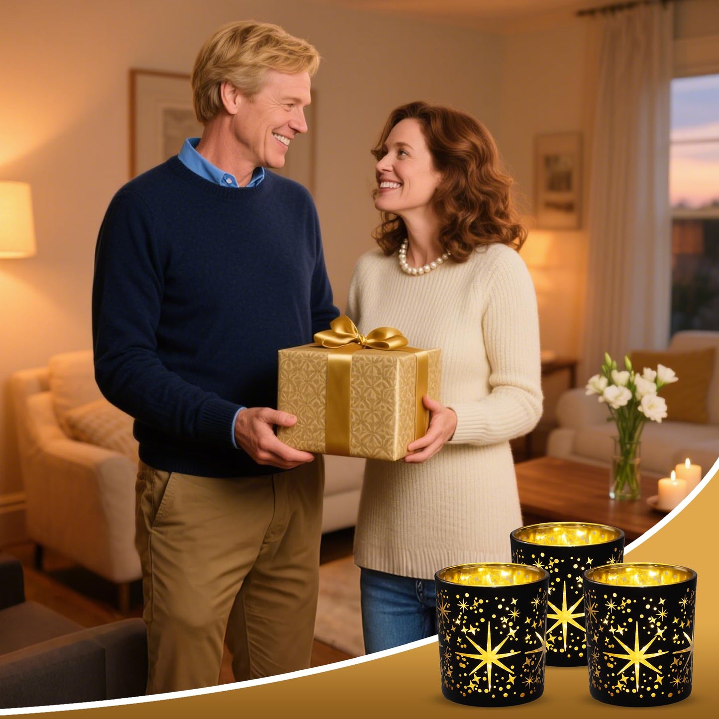 Toptime Votive Candle Holders Black and Gold, Glass Tealight Candle Holder Set of 3 with Stars Pattern, Vintage Tea Light Holders for Christmas Table Centerpiece Birthday Party Vanlentine's Day