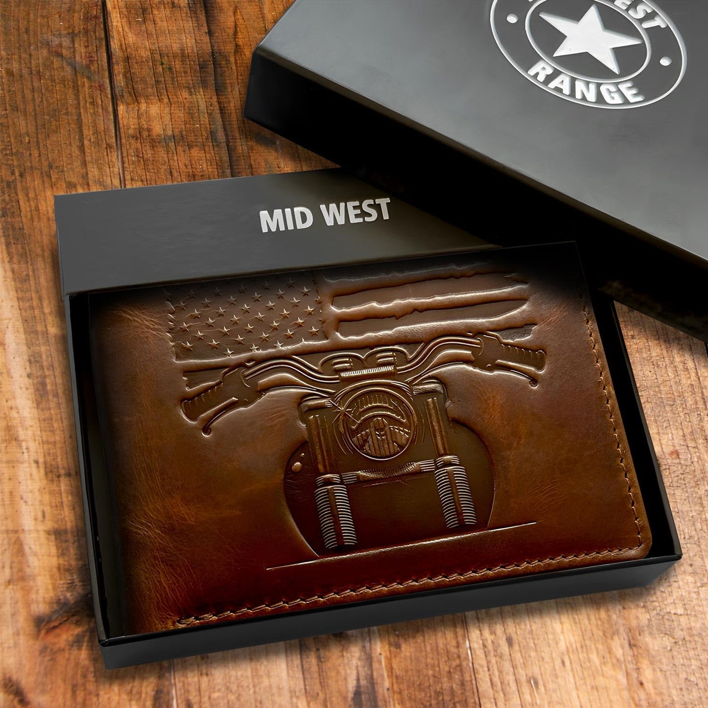 MID WEST RANGE Father's Day Wallet - Patriotic Biker Bifold Wallet with Chain for Men – Distressed Brown Leather, RFID-Blocking w. 10 Card Slots, Flip-Out ID Holder, American Flag & Motorcycle Design