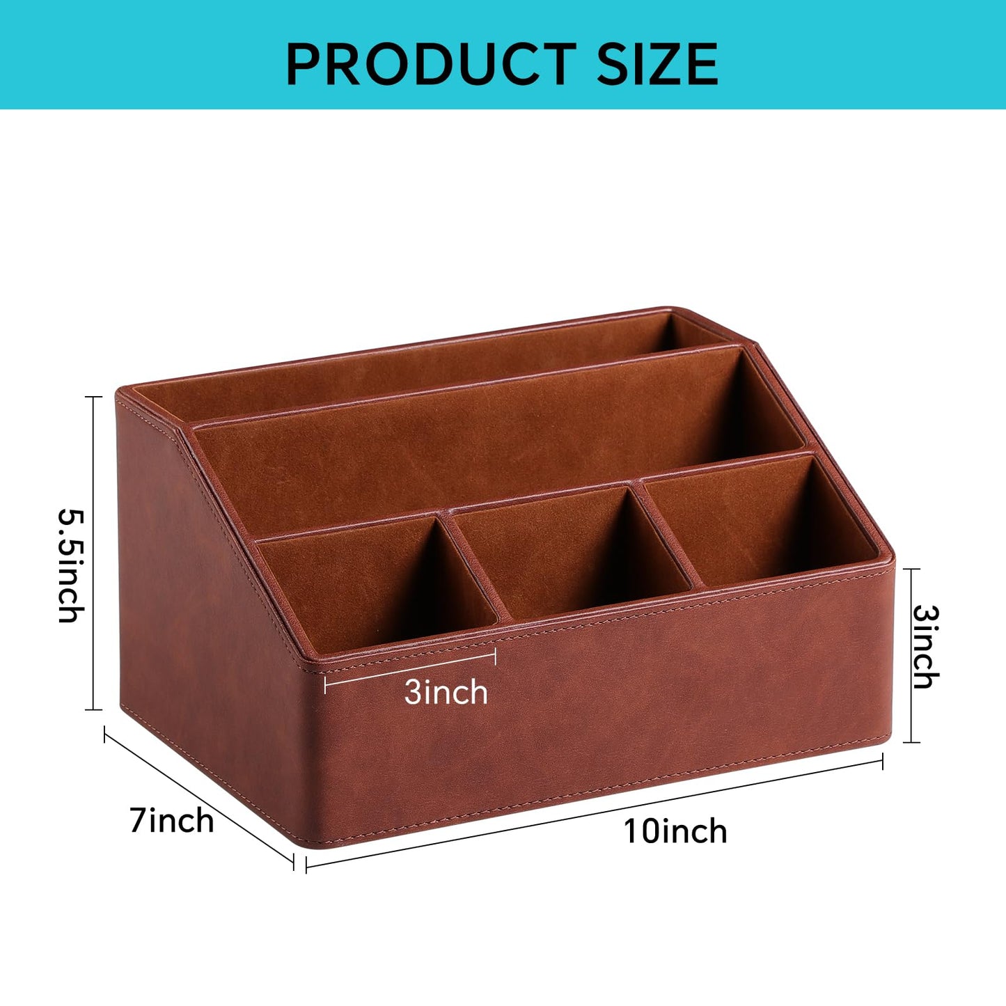 Cretkhp Desk Organizer Caddy with 5 Compartments for Office Art Supplies, PU Leather Nightstand Organizer Pencil Pen Desk Caddy for Home, Desktop TV Remote Control Holder Storage (Brown)