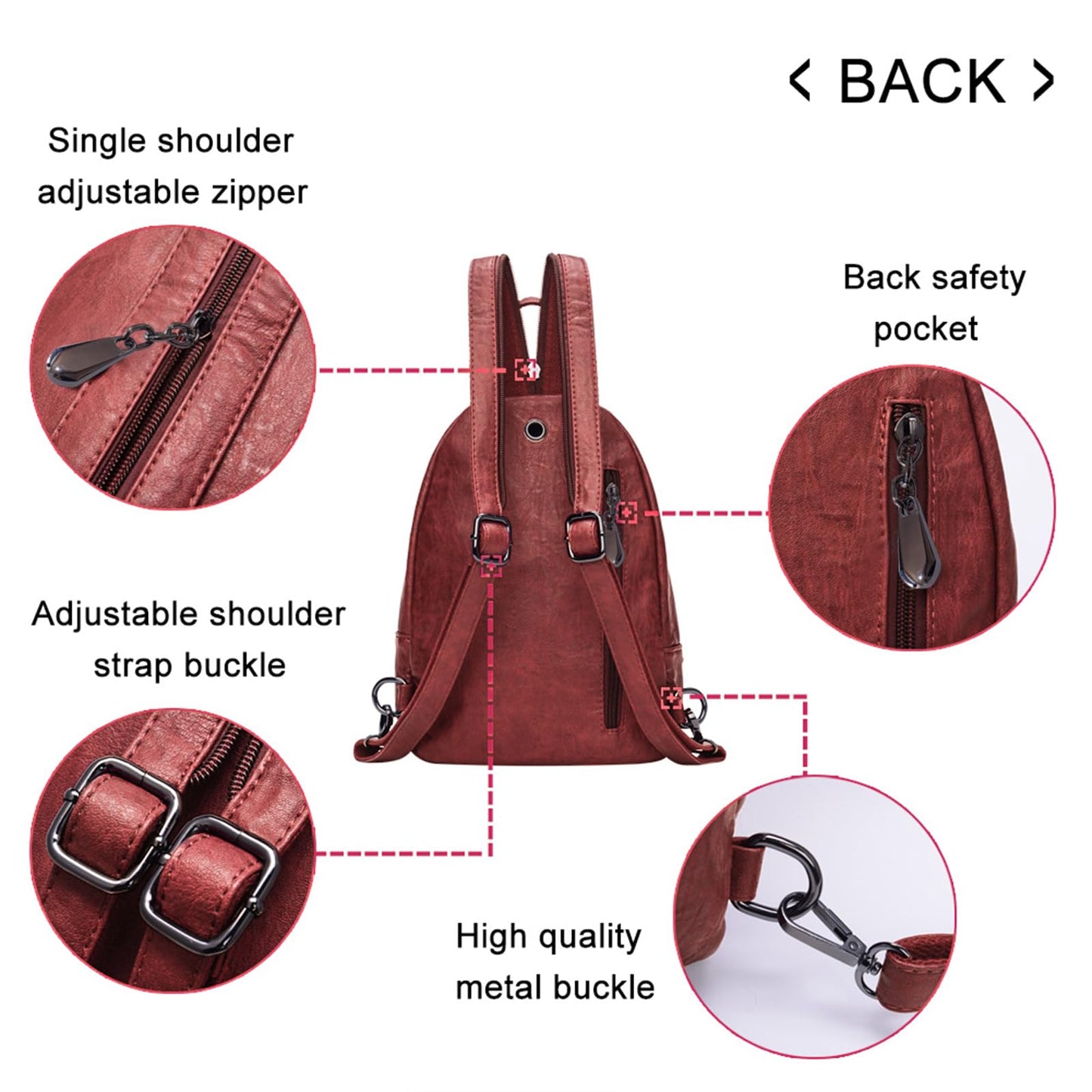 FANCELINE Small Backpack Purse for Women Fashion PU Leather Backpack Convertible Ladies Sling Bag Red Wine