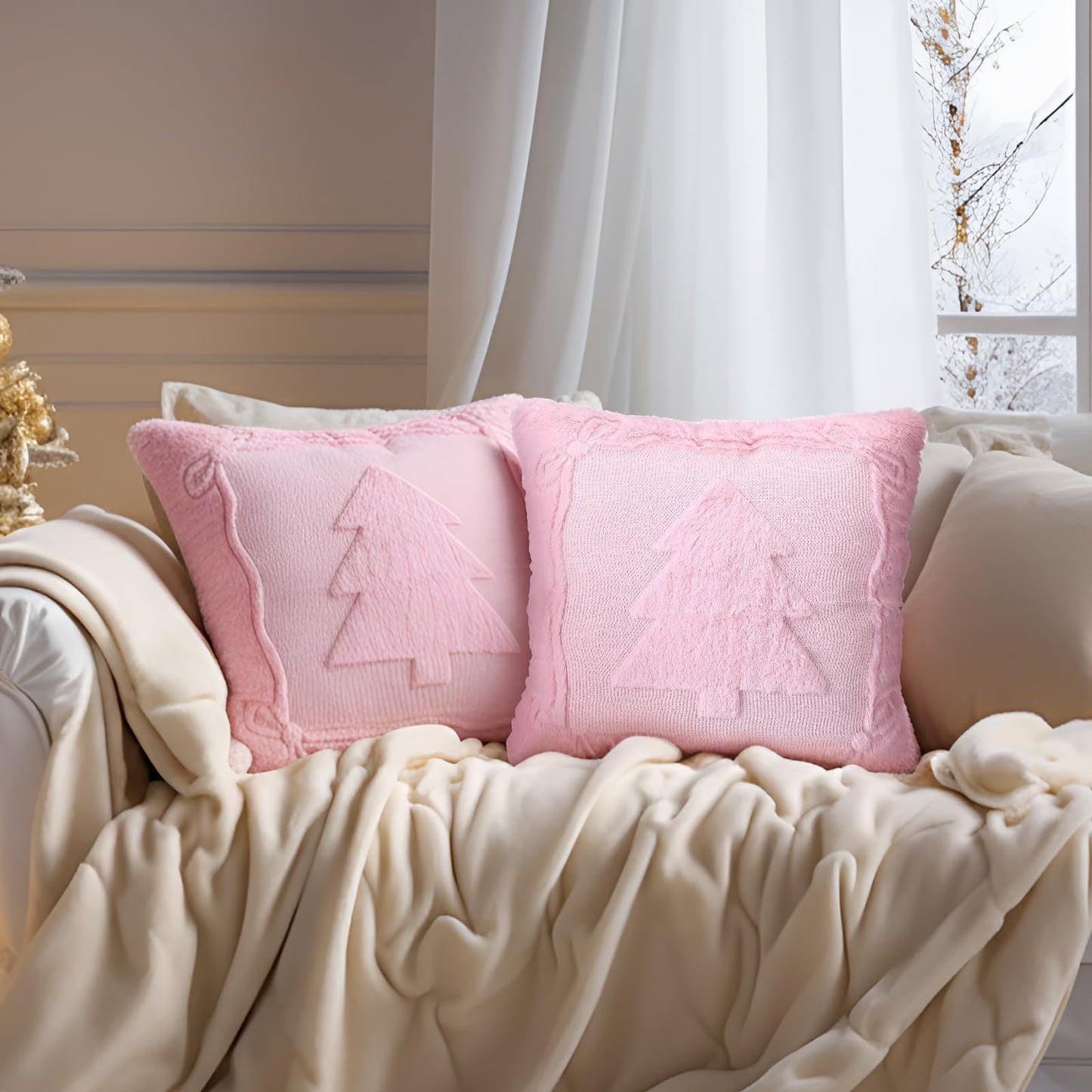 Remagr 2 Pack Christmas Tree Pink Pillow Covers 18 x 18 Inch Pink Bow Throw Pillow Covers Soft Plush Faux Fur Cushion Case for Christmas Bedroom Sofa Winter Home Holiday Decor