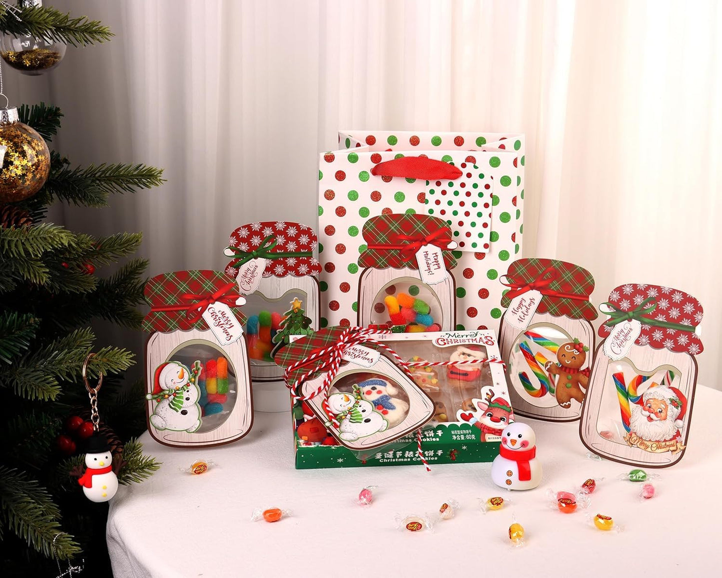 Giiffu Christmas Treat Bags with Cards 48-Pack, Mason Jar Goodie Bag for Kids, DIY Candy Holder for School Classroom Gift Exchange, Bulk Party Favors & Stocking Stuffers