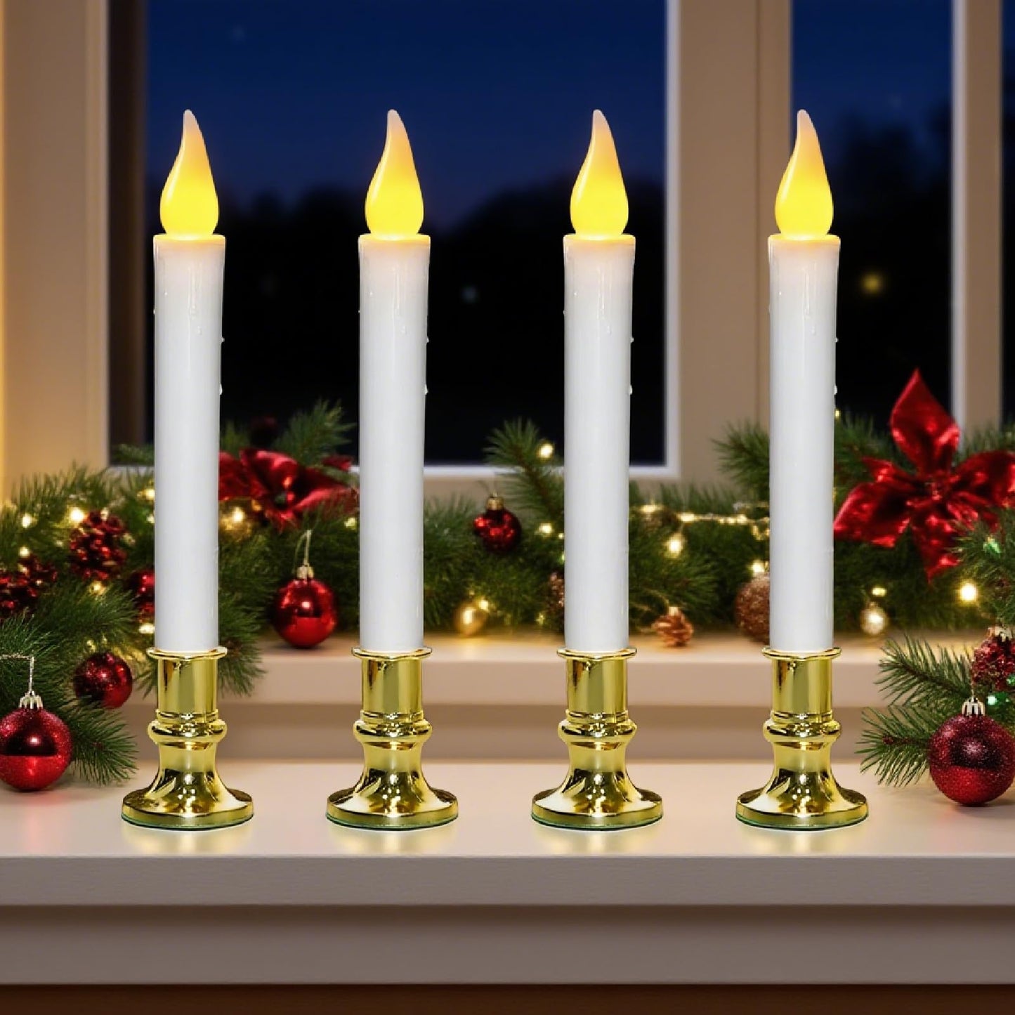 CHYSUPER 4Pack Christmas Window Candles Battery Operated with Timer, 6H/18H Auto On/Off, LED Flameless Candles with Realistic Flickering Flame and Suction Cups for Holiday Home Decor