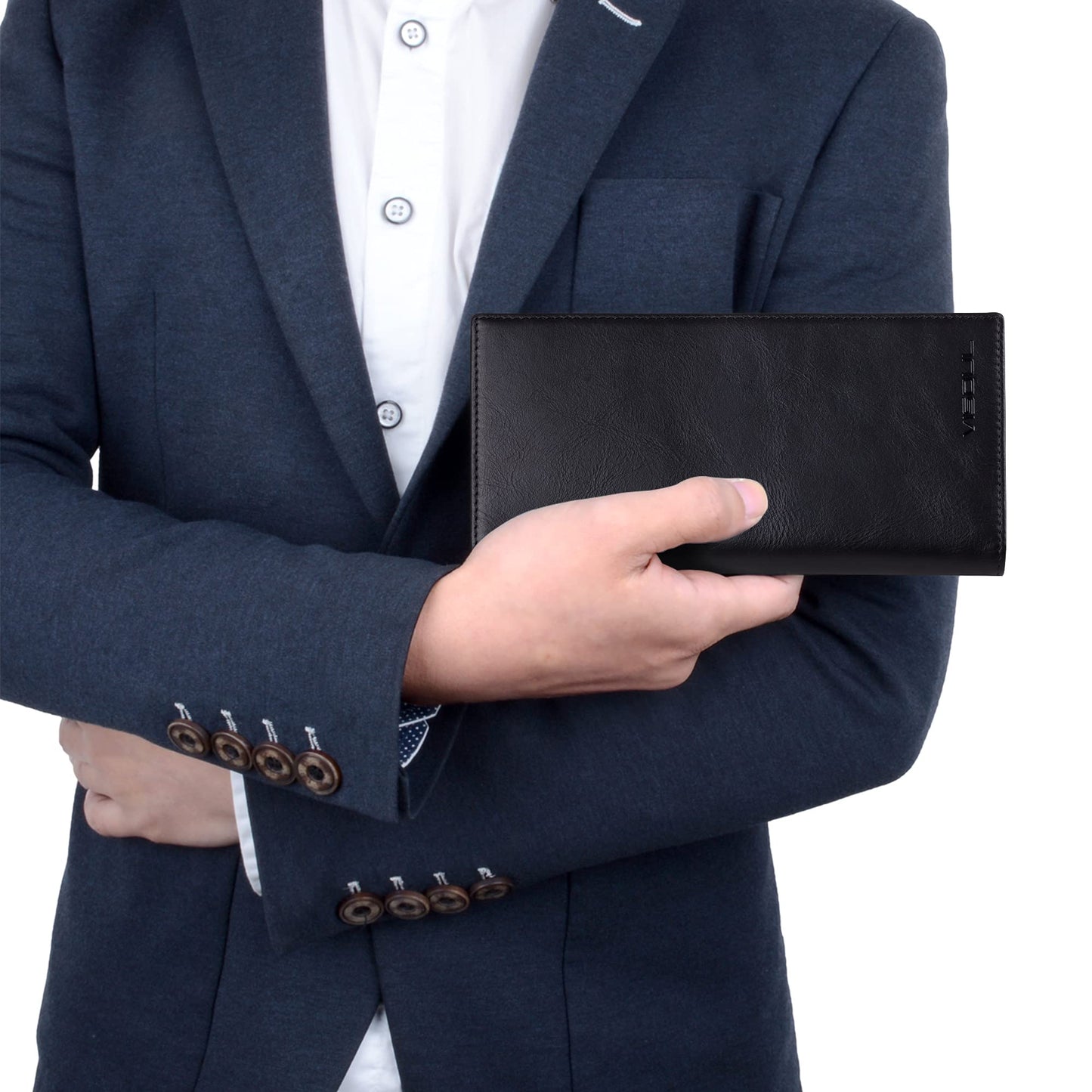 VISOUL Leather Checkbook Cover Wallet for Men with RFID Blocking, Mens Long Bifold Cash Tall Wallet with 11 Credit Card Slots 1 ID Window (Black and Orange)