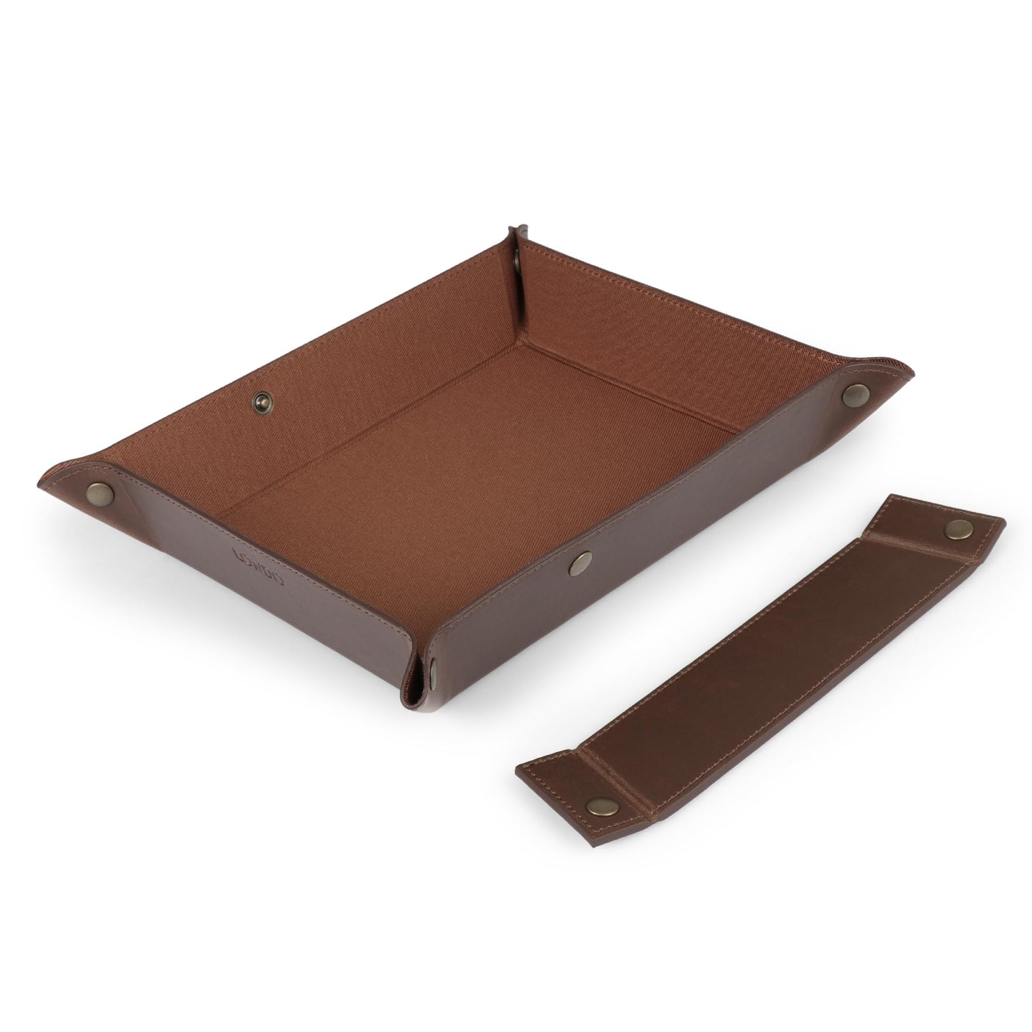 Londo PU Vegan Leather Valet Tray for Men — Catchall EDC for Keys, Wallet, Watch, AirPods — Nightstand & Entryway Tray, Snap Corners Fold Flat for Travel, 9.45 x 7.87 in, Dark Brown