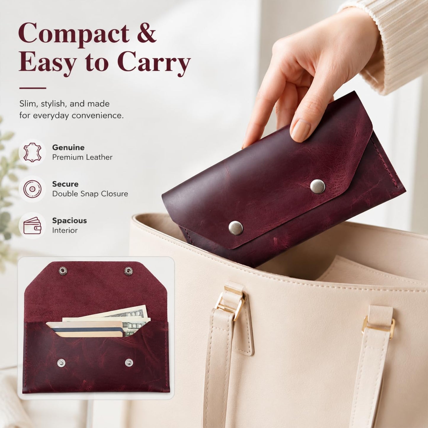 ZEMARS Genuine Leather Cash Envelope Wallet, Two Snap Money Pouch for Men and Women, Reusable Budget Envelope Wallet, Slim Organizer for Cash, Cards, Receipts, Checks and Keys (Burgundy)