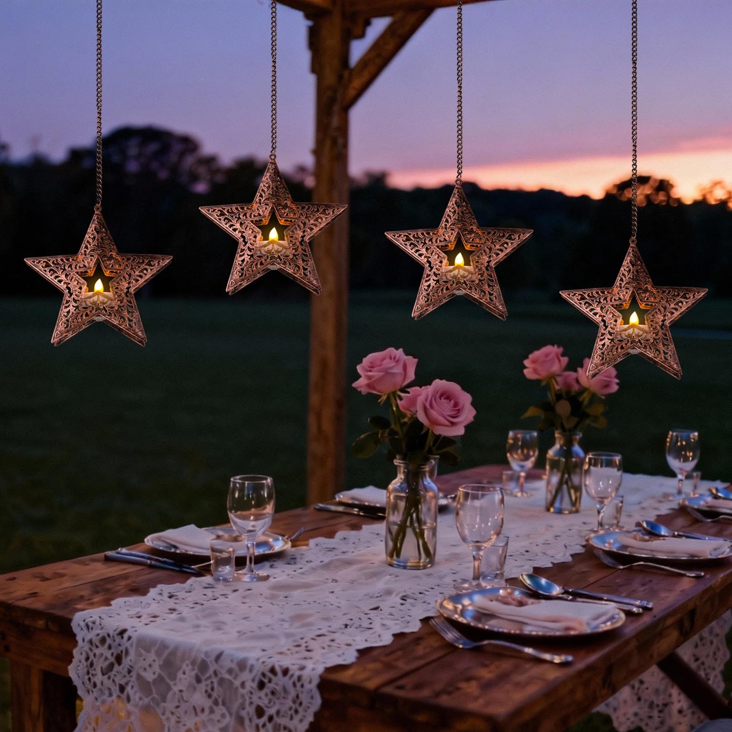 Hanging Solar Lights for Outside Trees, 4 Pack 6-Inch Hanging Star Lantern with Solar Tea Lights Outdoor Waterproof Chandelier, Patriotic Star Lights for 4th of July Decorations Porch Patio Pergolas