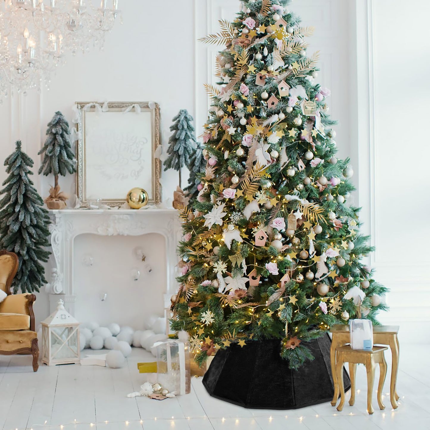 Black Velvet Christmas Tree Collar - Folable Tree Ring & Skirt for Artificial Trees - Base Stand Cover Decoration