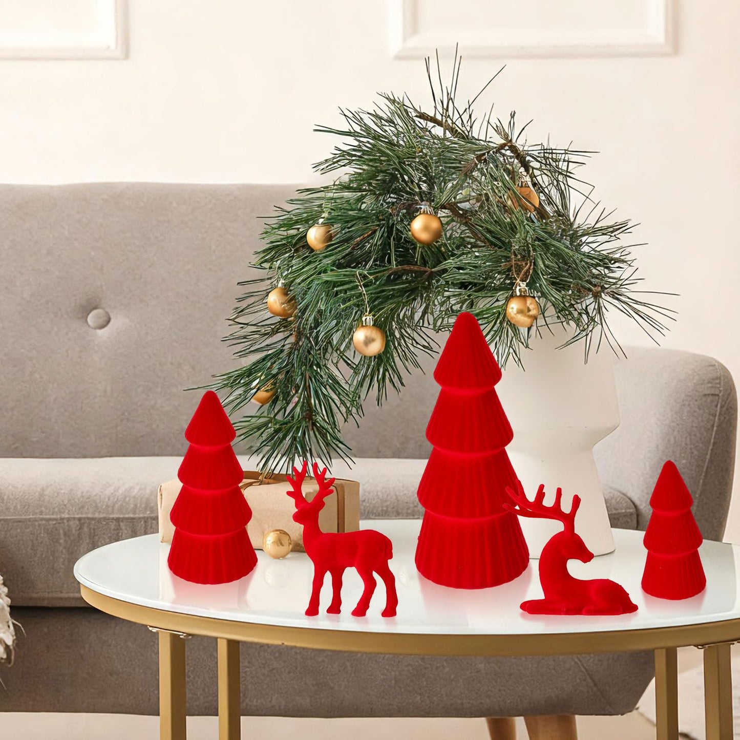 Amyhill 5 Pack Christmas Velvet Reindeer & Tree Decor Christmas Reindeer Decor Tree Figurine for Indoor Home Decoration Tabletop Mantle Cabinet Desktop Office(Red)