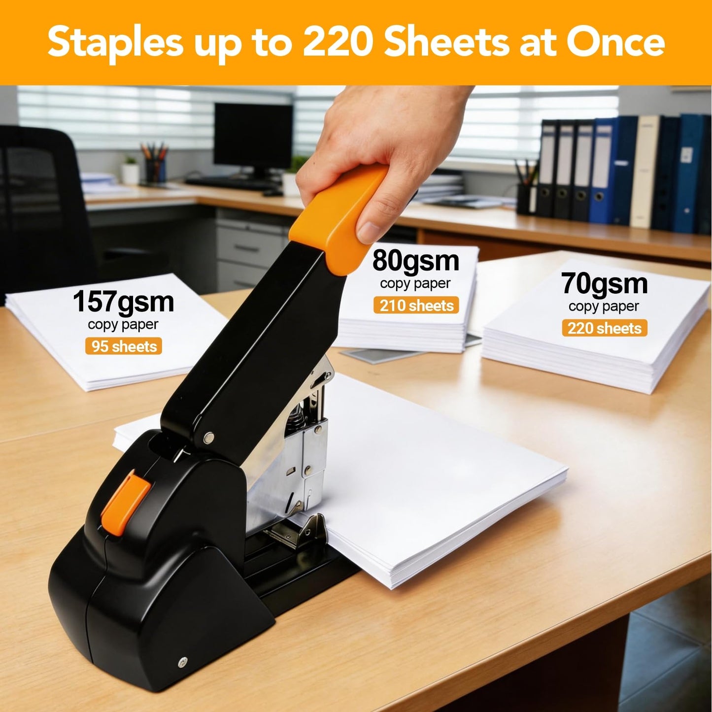 AFMAT Heavy Duty Stapler, 220 Sheets Capacity Stapler for Classroom, 60% Reduced Effort, Jam Free, Adjustable Paper Depth, Metal Desk Office Staplers w/ 50,000+ Uses, Includes 7000Pcs Staples, ES15