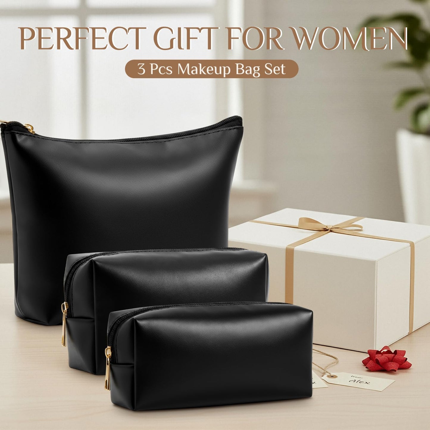 Kigeli 3 Piece Leather Makeup Bag Set Graduation Women Gifts PU Leather Makeup Toiletry Bag Bridesmaid Cosmetic Pouch Small Aesthetic Travel Purse for Wedding Birthday Women Gifts(Black)