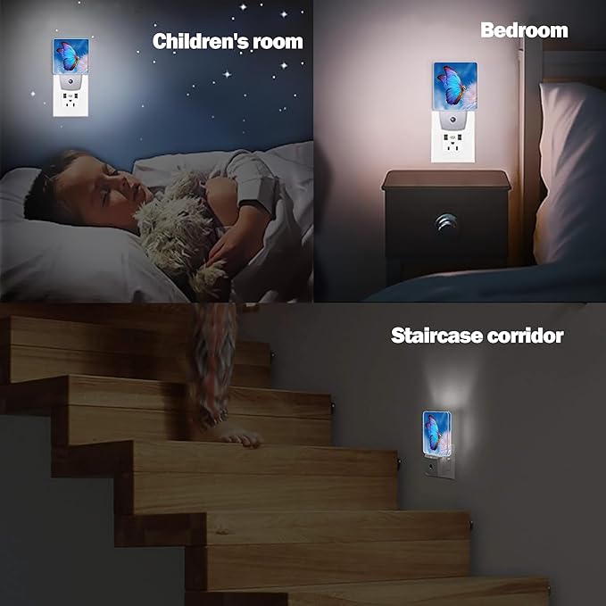 Blue Butterfly Night Light, Dandelion Night Lights Plug into Wall Decor for Bedroom, Bathroom, Hallway, Kitchen, Dusk to Dawn Sensor Nightlights for Girls Women Room Gifts