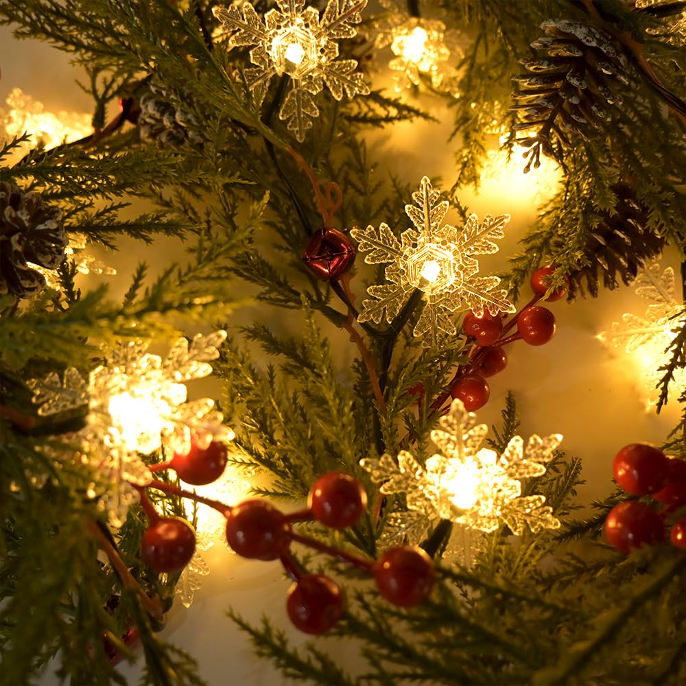 Christmas Garland Lights 6.56FT 20 Snow LED Pine Garland with Lights Battery Operated with Bells Red Berries Pinecones Cypress Greenery Garlands Decoration for Xmas Tree Mantle Door Stairs Home Decor