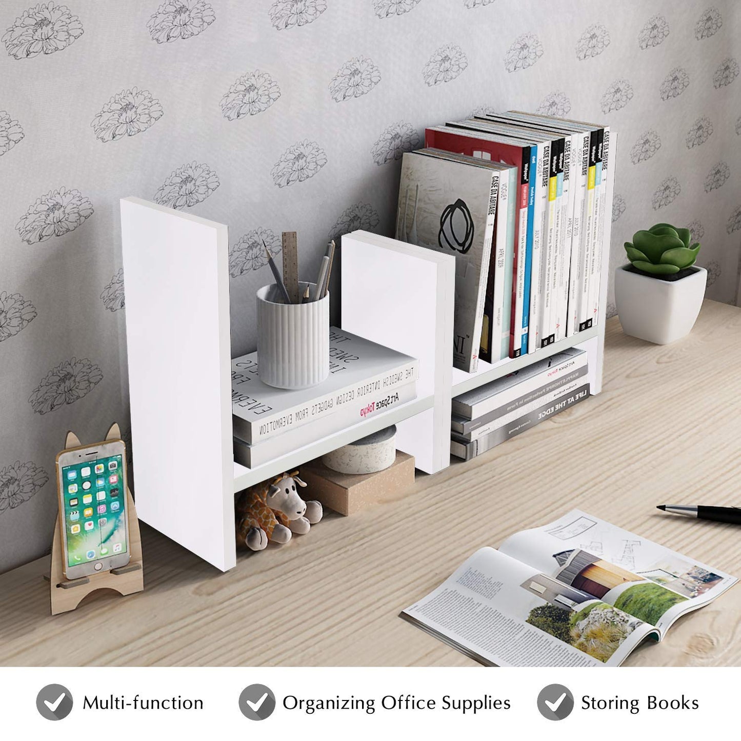 Jerry & Maggie Desktop Organizer Office Storage Rack Adjustable Wood Display Shelf Free Style Double H, Multi-Functional Mini Bookshelf for Desk Natural Stand (White)