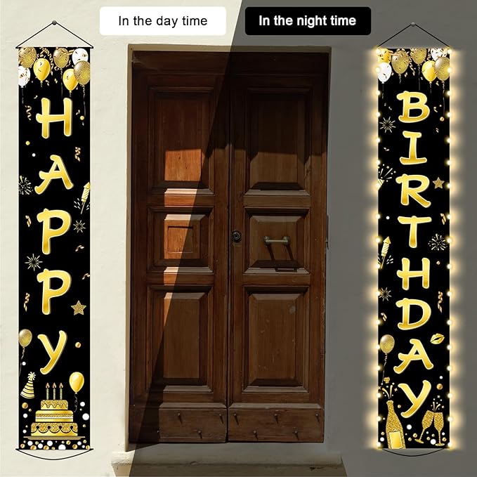 Black Gold Happy Birthday Door Banner Lighted Decorations for Men Women Happy Birthday Banner Porch Sign with LED light Party Supplies 16th 18th 30th 40th 50th 60th Party Decoration