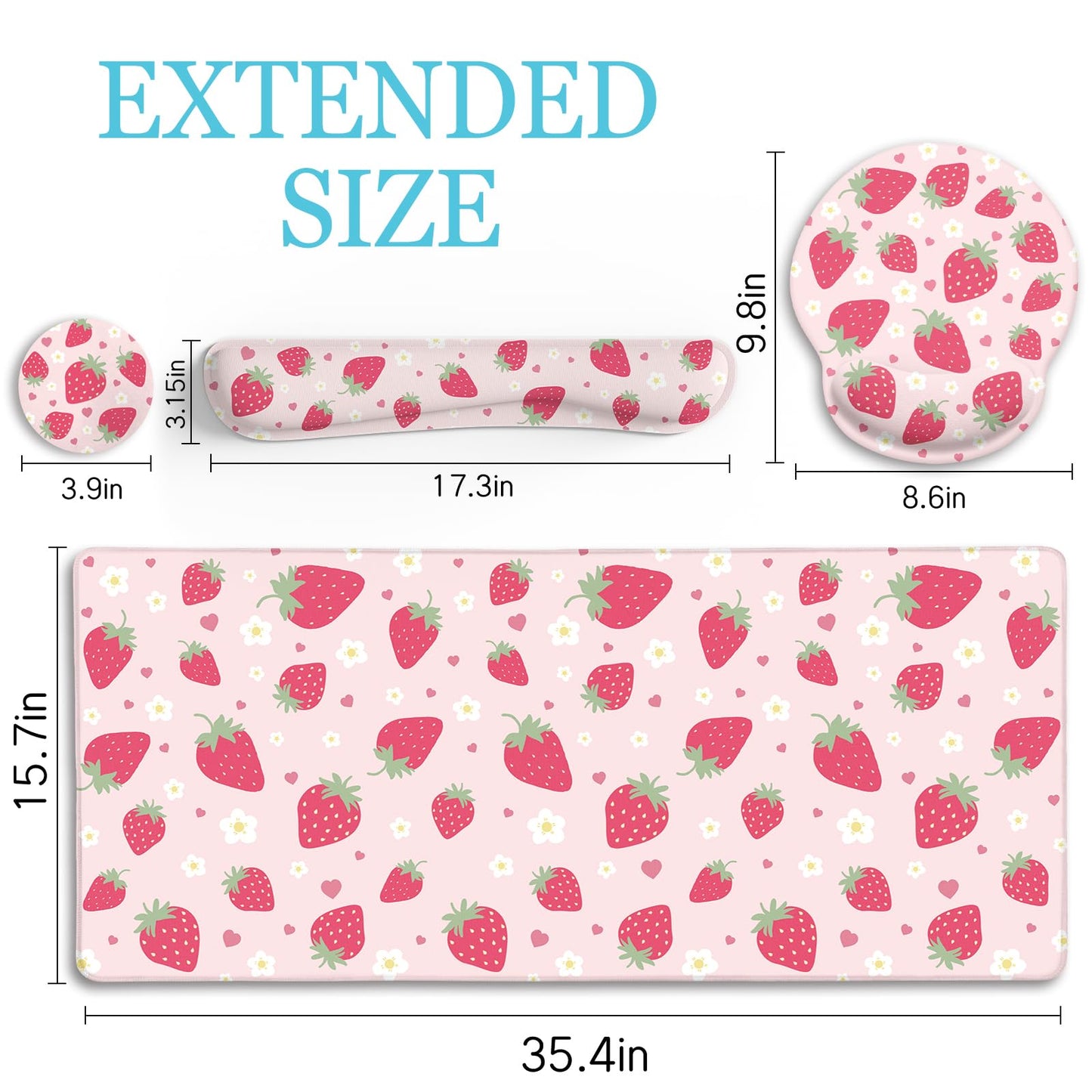 LIMKRIAN Strawberry Mouse Pad Desk Mat Set, Pink Ergonomic Mouse Pad with Wrist Rest, Large Gaming Mousepad Wrist Support Keyboard Mat Cup Coaster Set, Cute Office Desk Decor Accessories Supplies