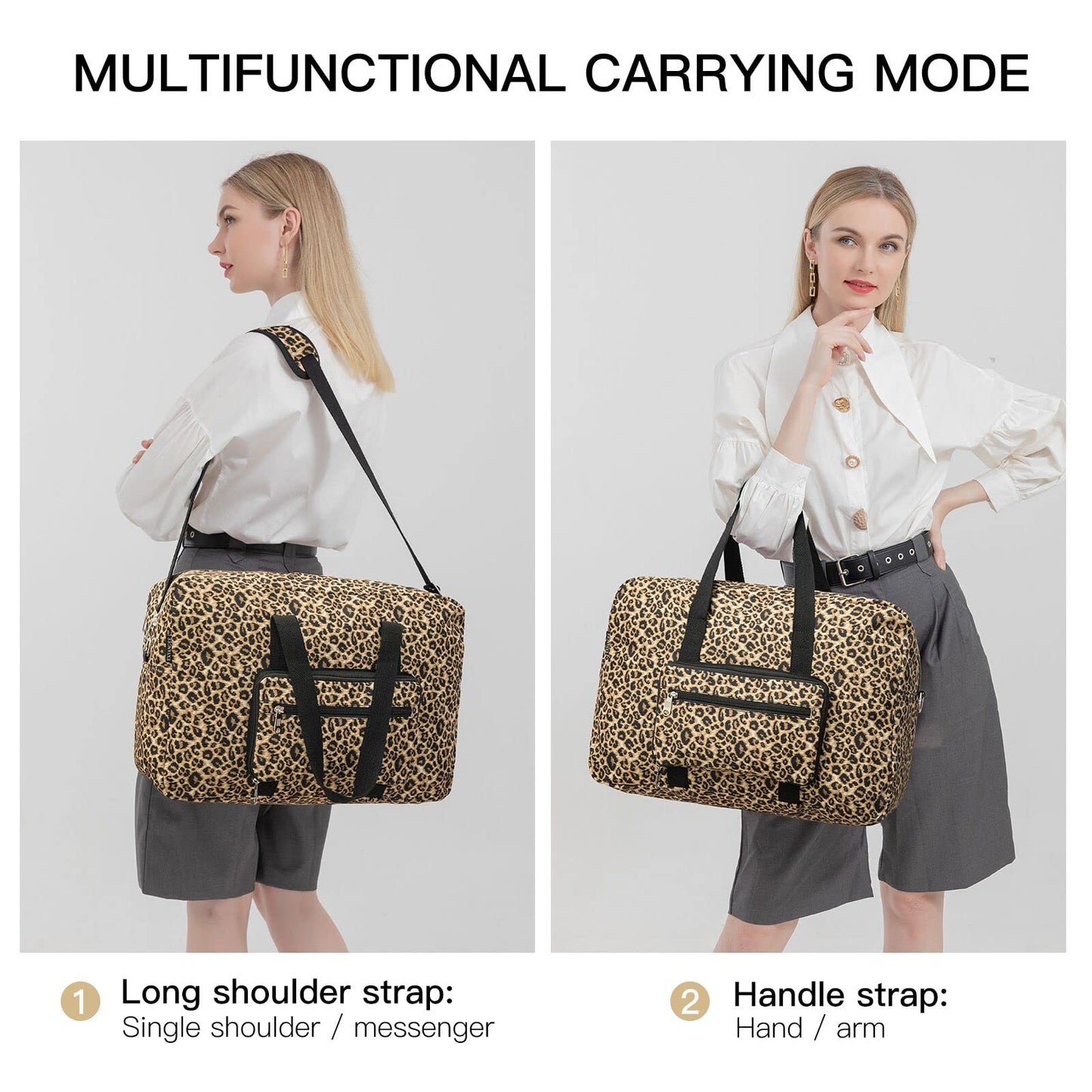 EXYANGEE Foldable Travel Duffel Bag, Medium Women's Weekender and Overnight bag carry on Luggage bag for Women(Leopard)