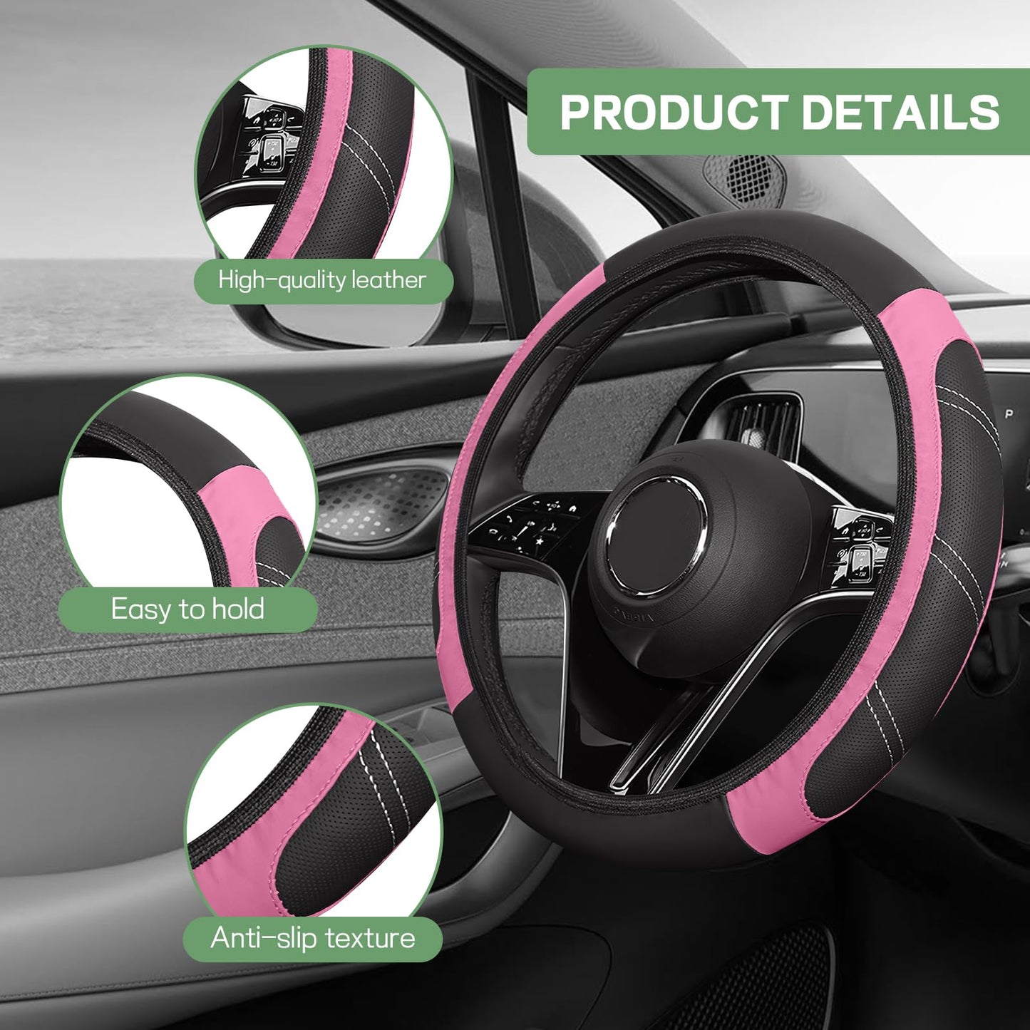Hbxdeco 6PCS Pink Car Accessories Set, Sporty Auto Interior Decoration Accessories with Leather Car Steering Wheel Cover, Center Console Cover, Seat Belt Shoulder Pads, Cup Coasters (Pink)