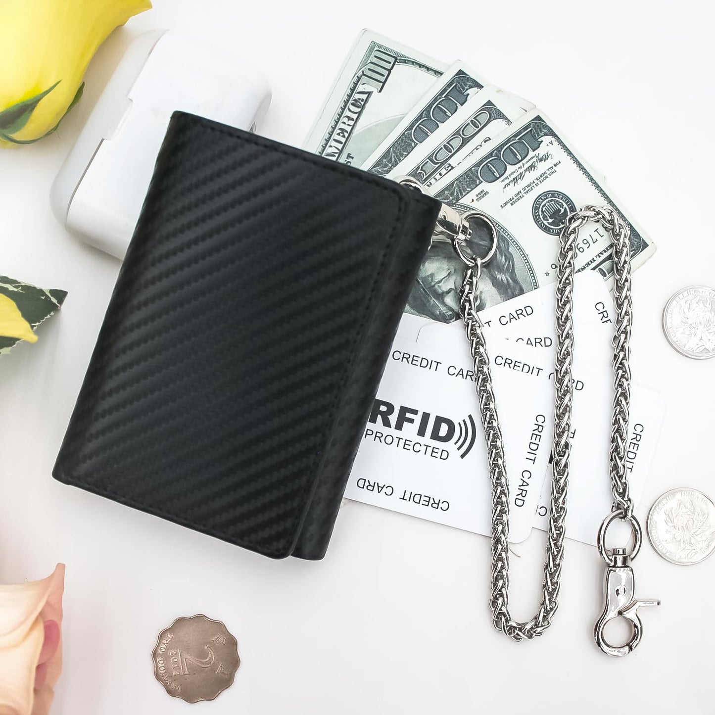 boshiho Real Leather RFID Blocking Bifold Wallets for Men Double Zipper Coin Pocket Purse with Anti-Theft Chain (#01 black)