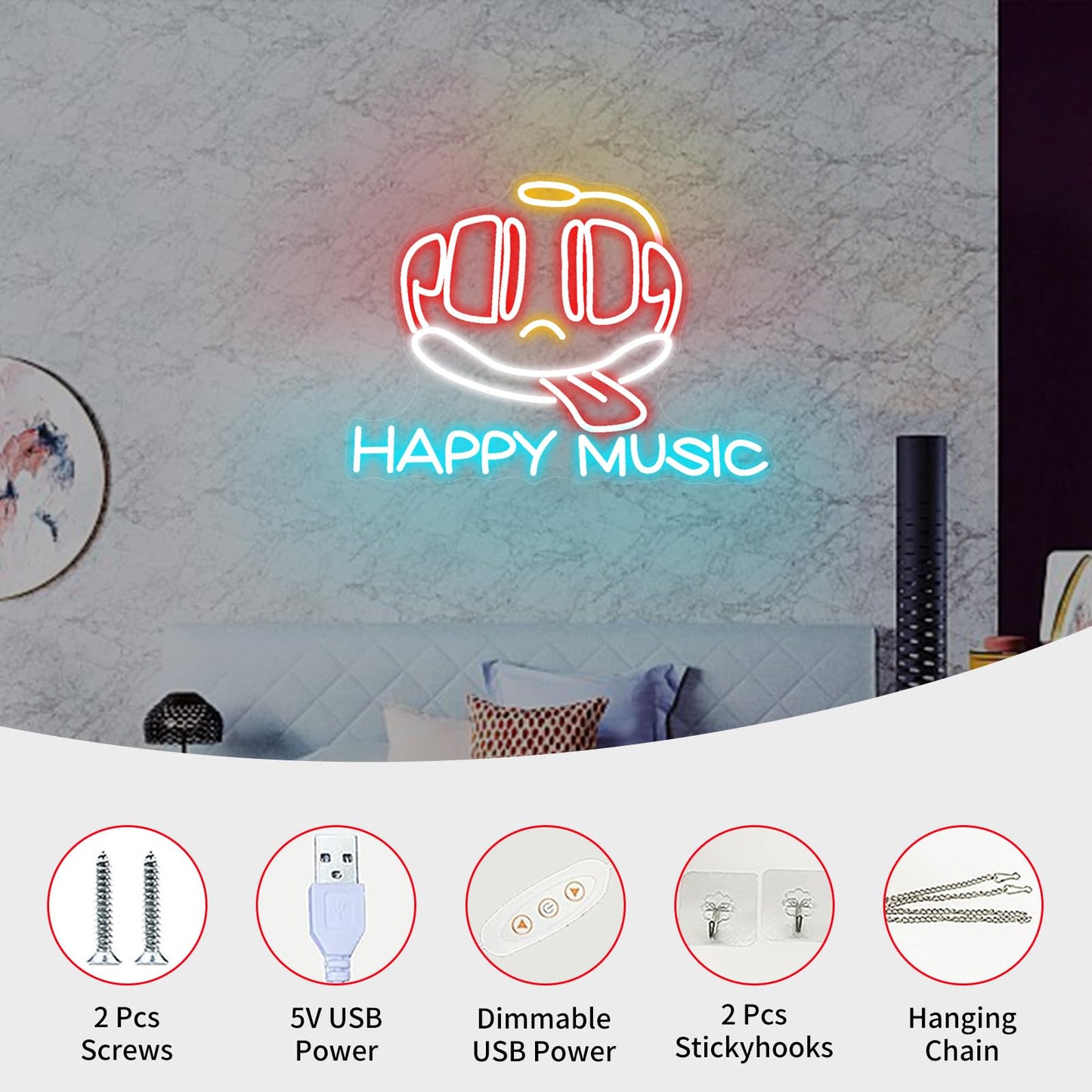 Neonawall Happy Music Neon Sign for Wall Decor Light Up Letters Business Led Sign Music Birthday Party Signs Led Decorative Night Signs Room Decorations Christmas Party Gifts for Bar Musician Studio