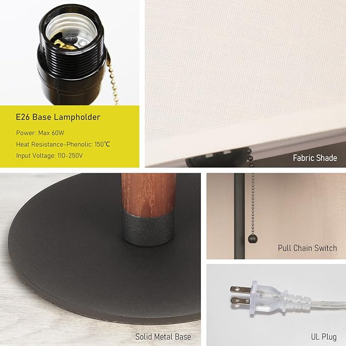 21" Set of 2 Modern Table Lamp Bedside Lamps for Bedroom Living Room Nightstand Lamp for End Tables 3-Color Pull Chain Wood Fabric for Home Office Desk Decor (Off White+Sand Black)