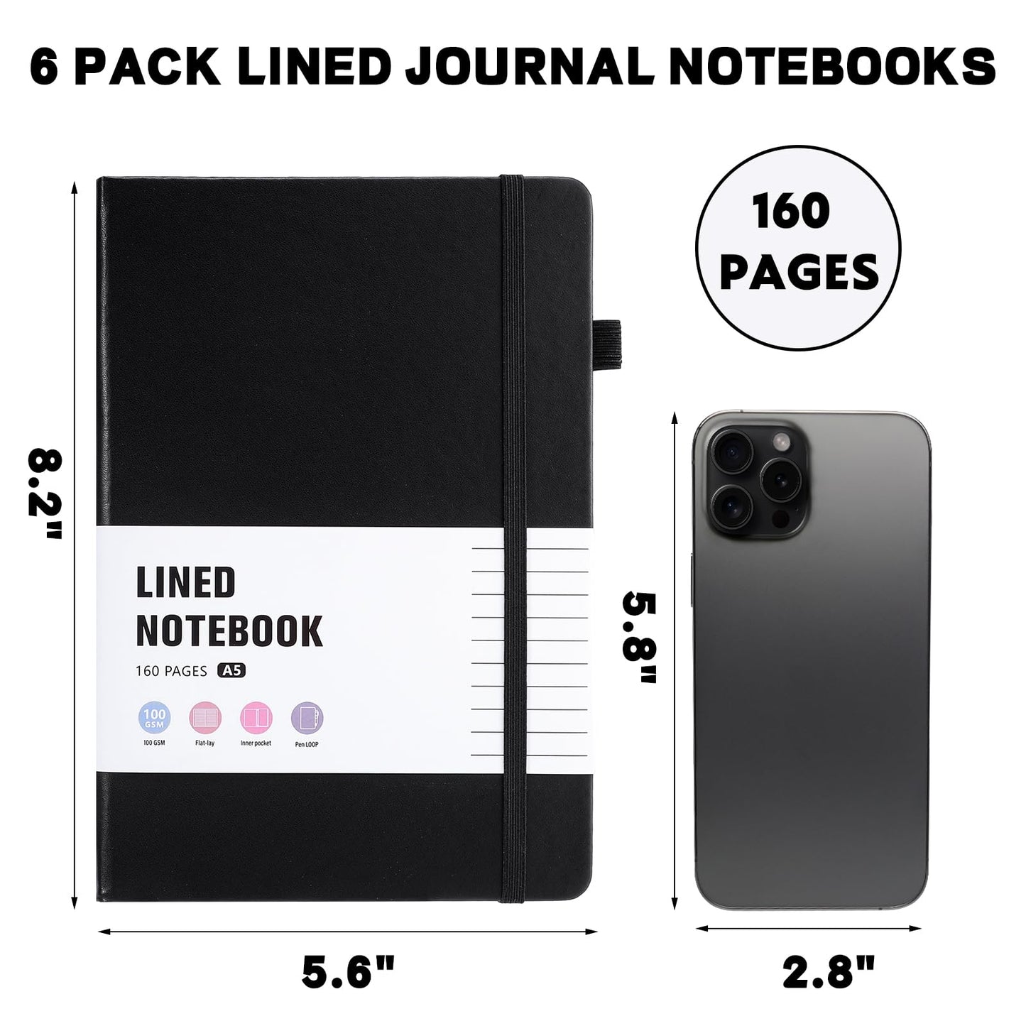 Thboxes 6 Pack Hardcover Journaling Notebooks, 5.6" x 8.2" A5 Multicolor Ruled Notebooks with Pen Holder, Lined Journals for Women Man Office Supplies Note-Taking, Work, School,Black
