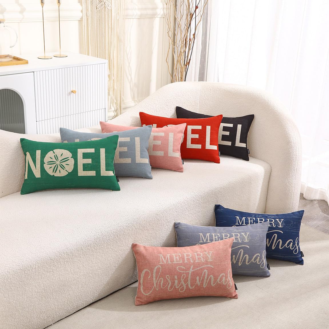TRENDIN Christmas Decor Throw Pillow Cover 12x20 Merry Christmas Decoration Lumbar Linen Cushion Cover Couch Pillow Case for Sofa Home and Car Pink PL1078TR
