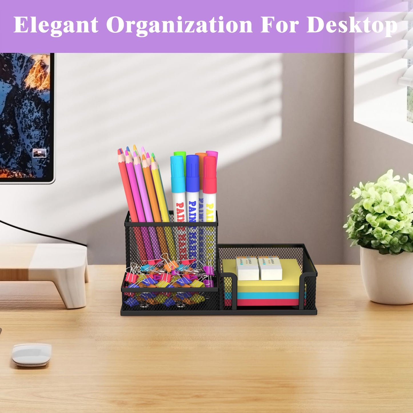 SUPEASY Pen Holder Desk Organizer, 2Pack Office Supplies Pencil Holder with 3 Compartments, Desk Accessories and Workspace Organizers for Home School Classroom, Black
