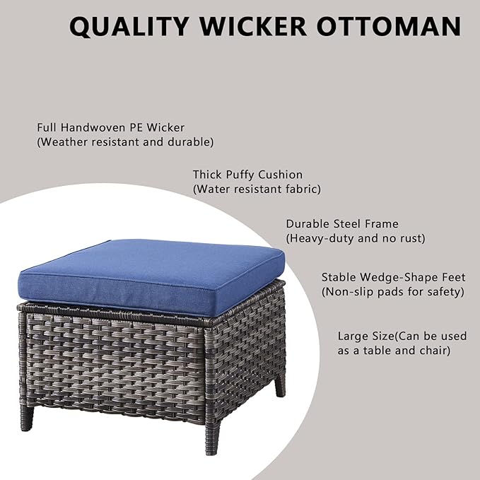 Rilyson Wicker Patio Furniture Set - 5 Piece Rattan Outdoor Sectional Conversation Sets with 2 Rocking Swivel Chairs,2 Ottomans and 1 Sofa for Porch Deck Garden(Mixed Grey/Blue)
