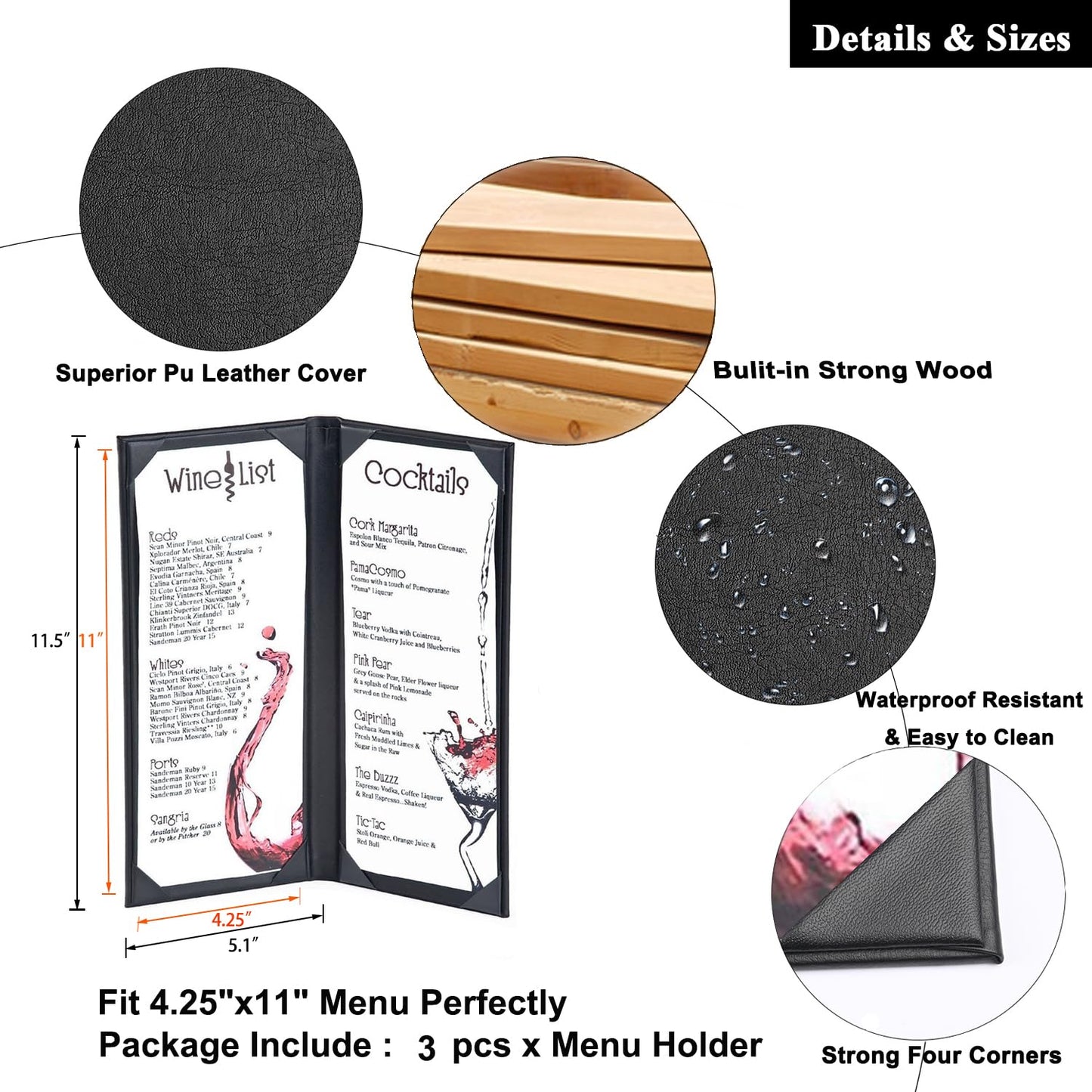 3 Packs of 4.25 x 11 inches Leather Menu Covers with Strong Wood Inside, 2 View Leather Menu Holder Book Style Double Fold Panel for Restaurant Coffee Bars Cocktail(4.25”x11” /2 Views/3 Pcs)