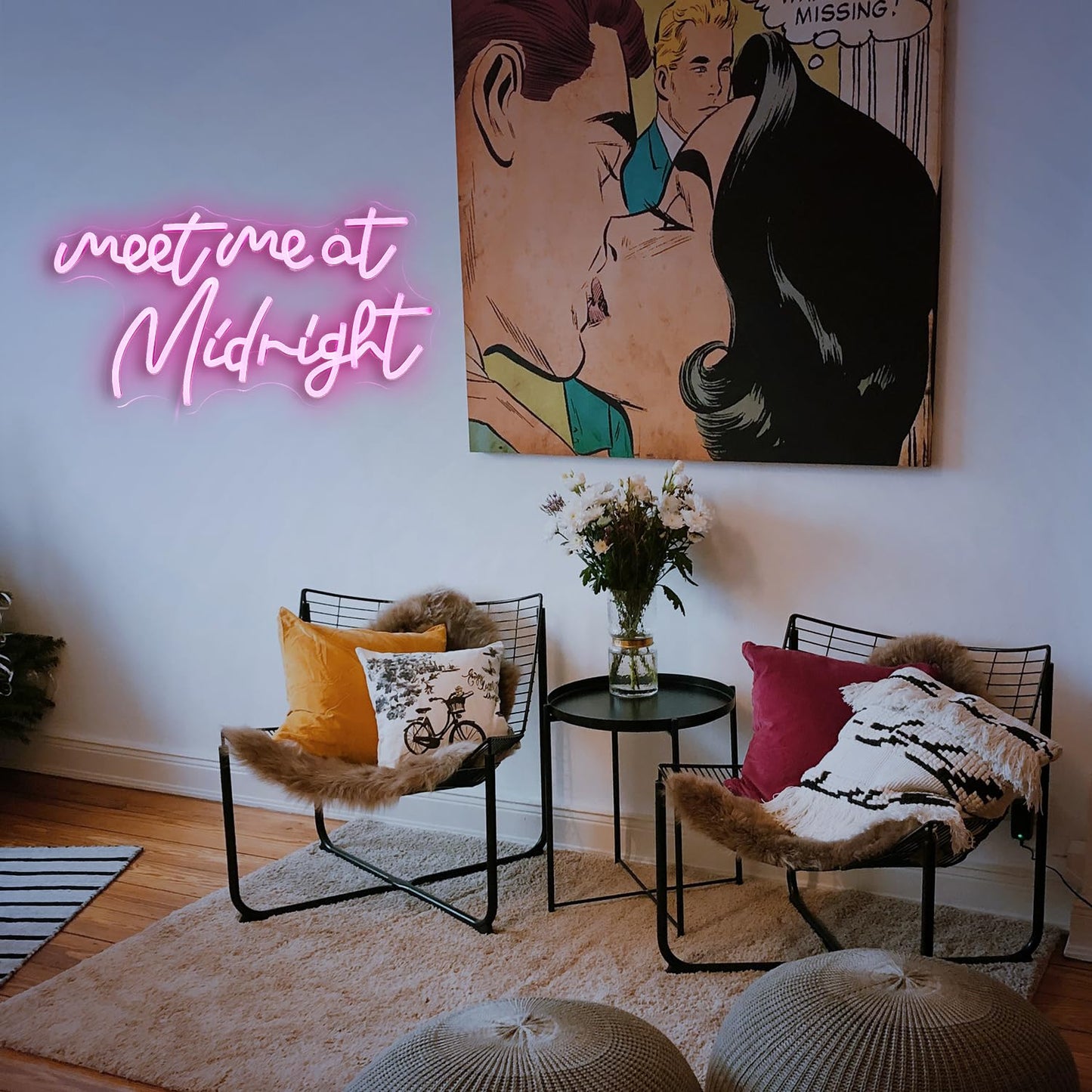 Dimmable Meet Me At Midnight Neon Sign LED Pink Words Neon Light For Wall Decor USB Powered Letters Light Up Sign for Bedroom Party Bar man cave (16.5“*8.7”)