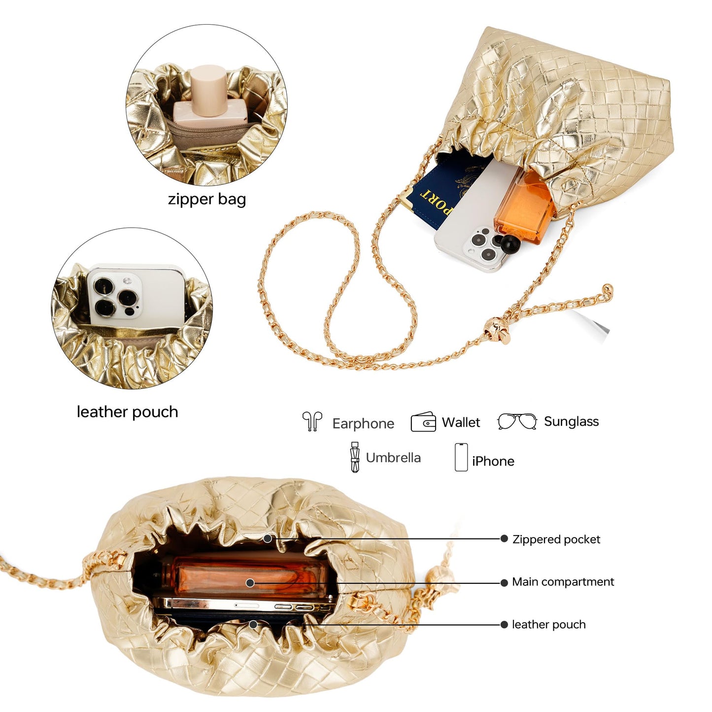Kiss Sea Woven Crossbody Clutch Purses for Women Vegan Leather Dumpling Evening Bag & Designer Shoulder Handbags Glod