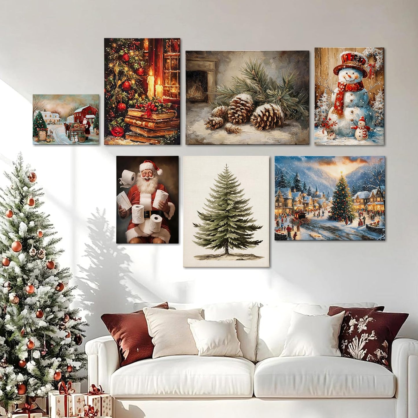 Funny Santa Christmas Canvas Wall Art for Bathroom, Humorous Framed Canvas Prints Ready to Hang, Unique Christmas Gifts for Home & Office Christmas Decorations