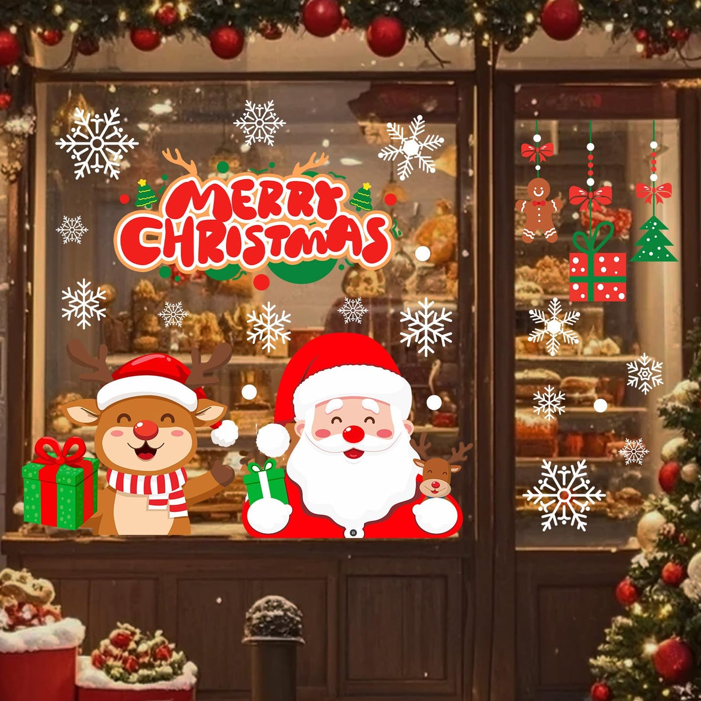 T&W SAME FILM Christmas Window Clings Stickers for Glass, Window, Car Decor, Xmas Decals Decorations Holiday Snowflake Santa Claus Reindeer Decals for Party, Reusable, 6 Sheets