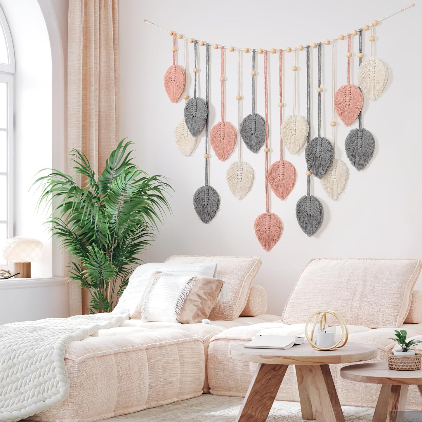 Betylifoy Macrame Wall Hanging Boho Leaves Tapestry Chic Bohemian Feather Wall Art Decor Handmade Yarn Woven Pink Leaf Tapestry Macrame Wall Decor for Bedroom Living Room Nursery Office Backdrop (Pink Gray)