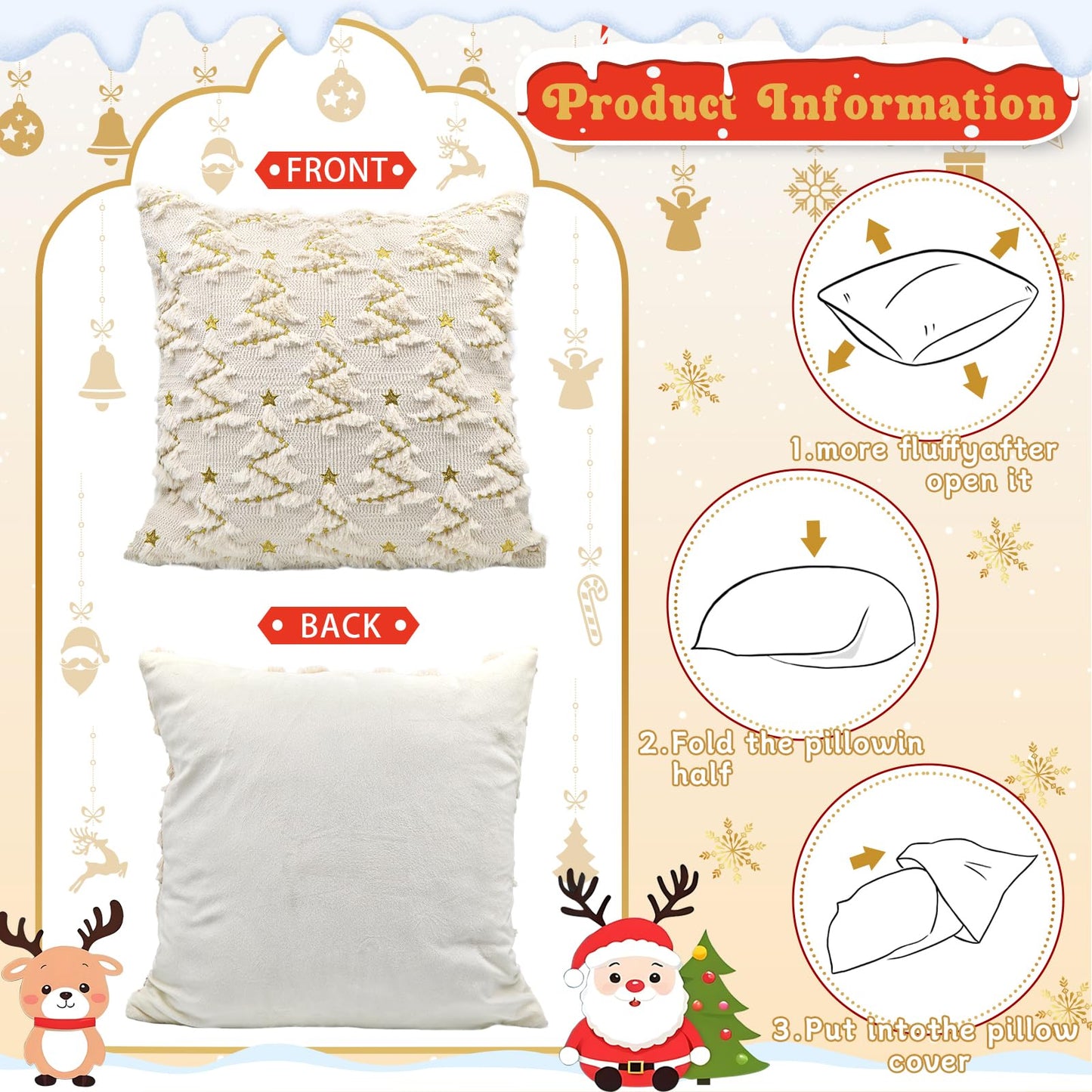 YIOTJUNL Christmas Pillow Covers 18x18 Set of 2 Soft Plush Embroidered Cushion Covers Decorative Gold Star Beige Christmas Tree Throw Pillow Cases Decorations for Winter Holiday Sofa Home Decor