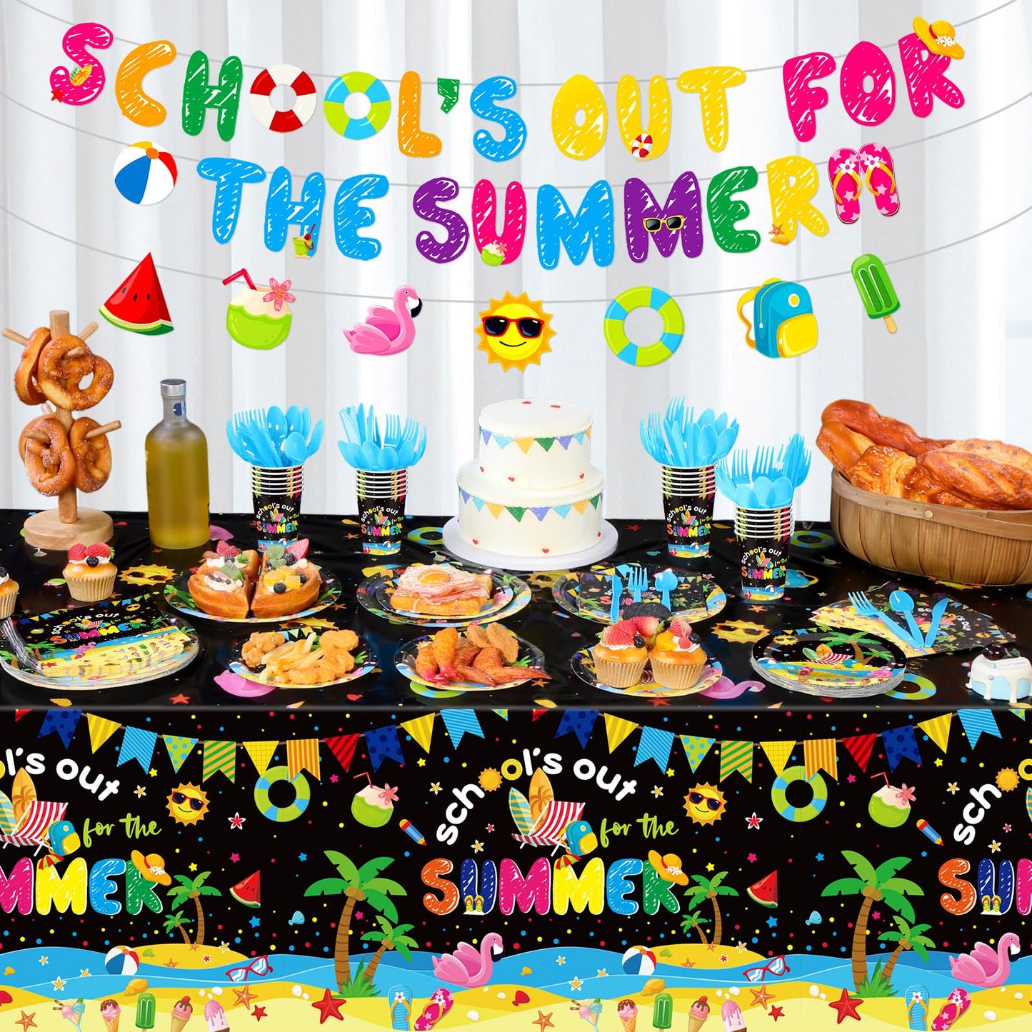 Yiyiring 173 Pcs School's Out for Summer Party Supplies End of School Year Party Decorations Serve 24 Guests Include Plate Cup Napkin Tablecloth Banner Cutlery for Last Day of School 2026 Grad